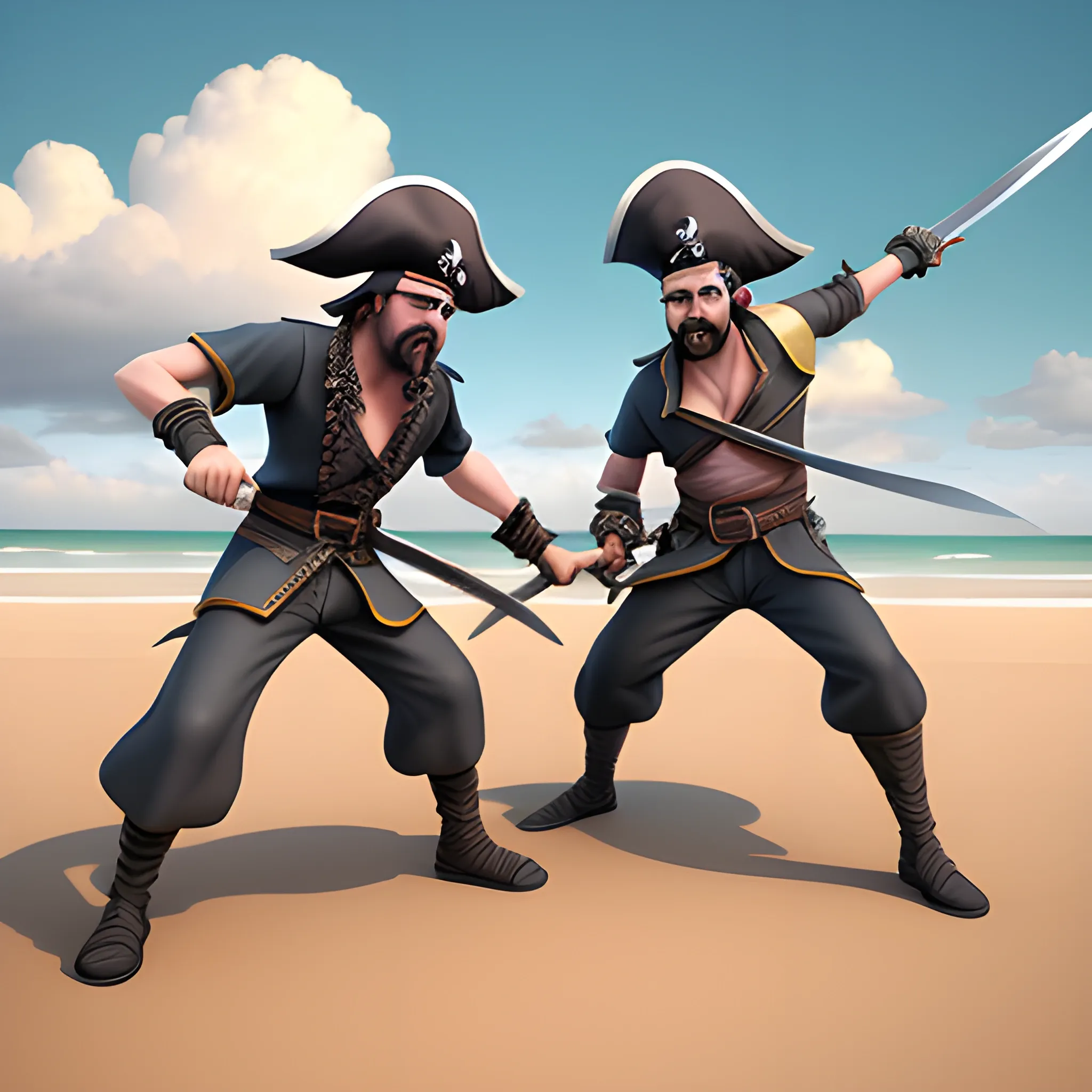 Create a stunning 3D digital artwork showing two pirates fighting with their swords. They have to be on a sandy beach and the sky has to be grey and gloomy.