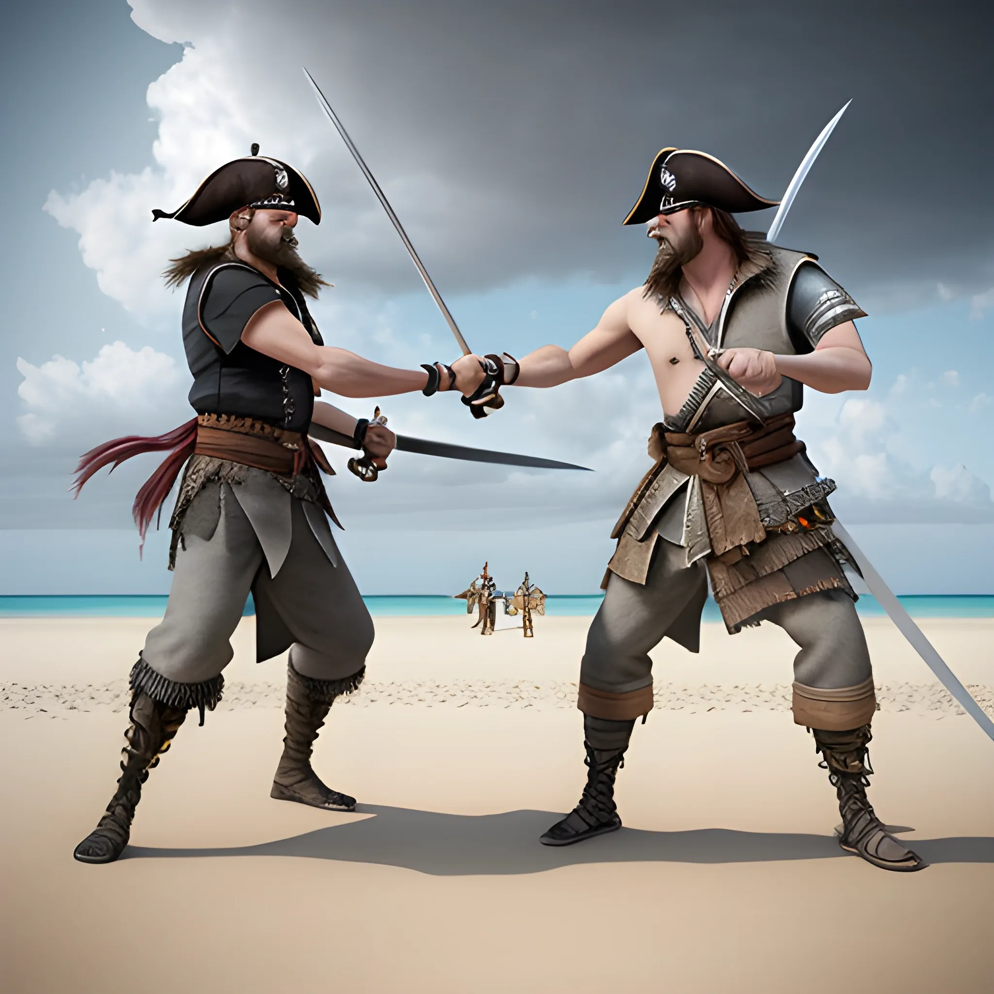 Create a stunning 3D digital artwork photo realist showing two pirates fighting with their swords. They have to be on a sandy beach and the sky has to be grey and gloomy.