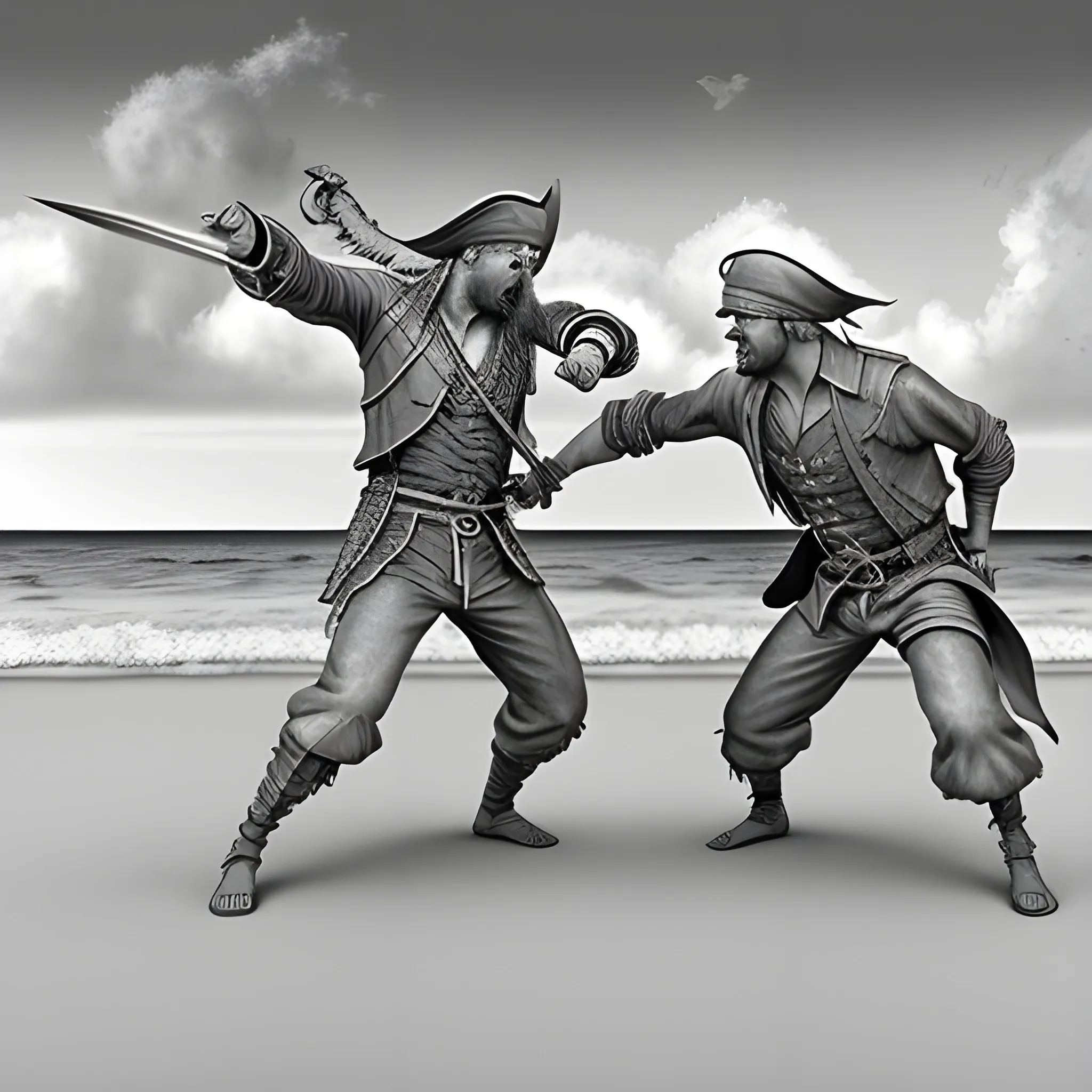 , Pencil Sketch Create a stunning photo-realistic 3D digital artwork showing two pirates fighting each other with their swords. They have to be on a sandy beach and the sky has to be grey and gloomy. On the floor of the beach you have to see some of the copper treasure that the two pirates are fighting for.