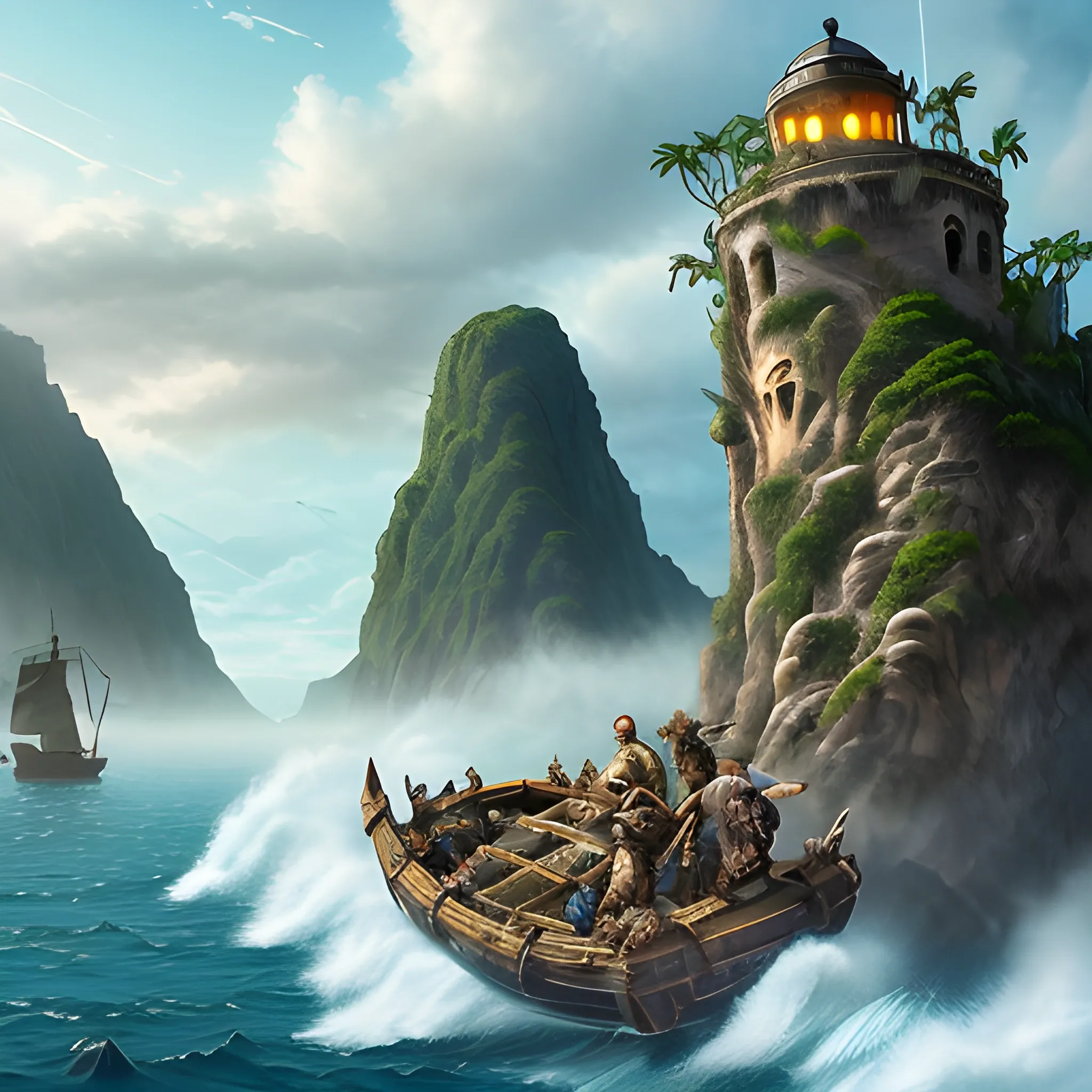 Create stunning digital artwork depicting a group of hardened, battle-hardened pirates fighting for control of a mysterious island with hidden treasure. The island should be shrouded in mist and mystery, with ancient ruins and mysterious symbols carved into the rocks. The treasure must be hidden in a cave system, guarded by traps and dangerous creatures. The overall mood of the play should be one of adventure, danger and the thrill of the hunt.

