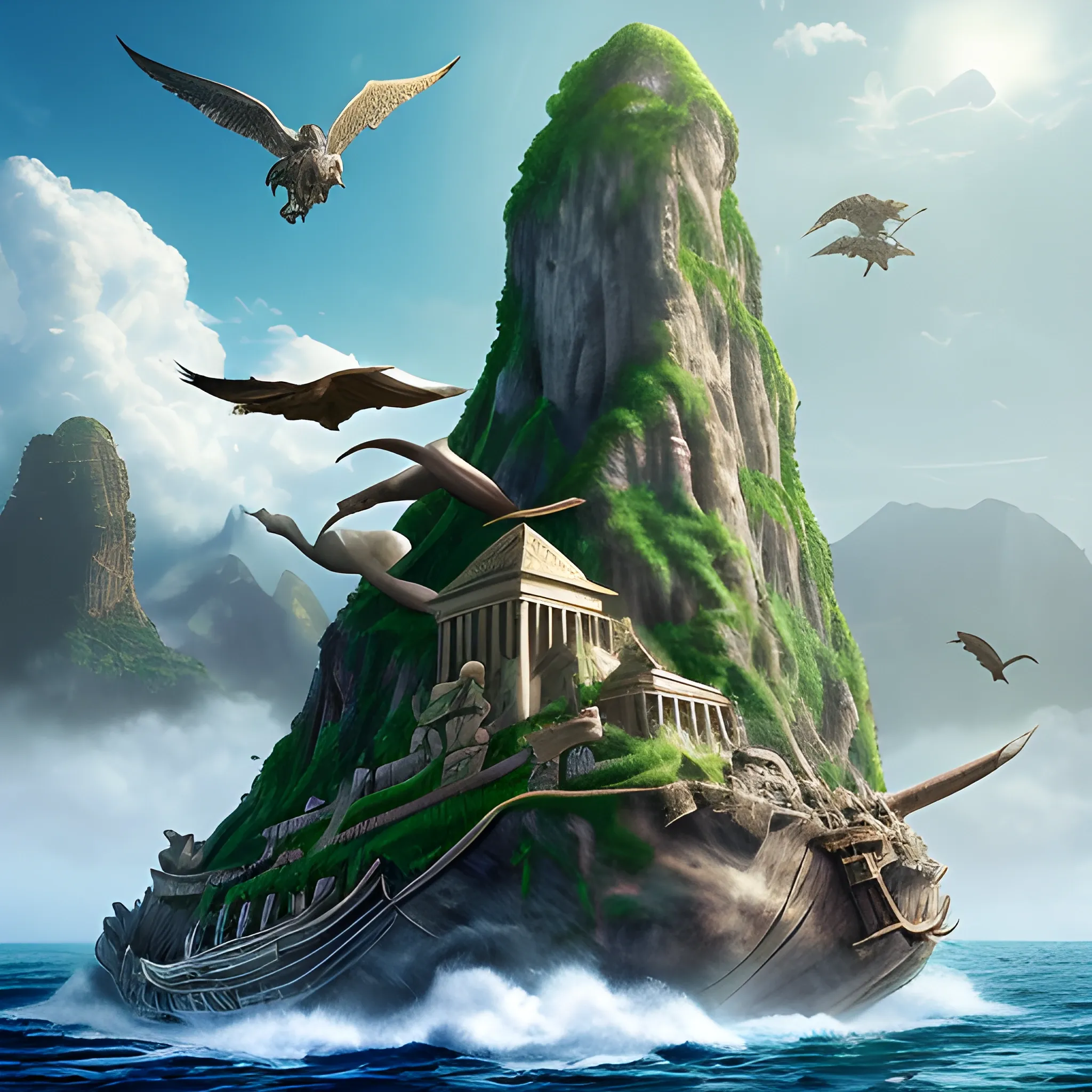 , 3D Create stunning digital artwork photo realist depicting a group of hardened, battle-hardened pirates fighting for control of a mysterious island with hidden treasure. The island should be shrouded in mist and mystery, with ancient ruins and mysterious symbols carved into the rocks. The treasure must be hidden in a cave system, guarded by traps and dangerous creatures. The overall mood of the play should be one of adventure, danger and the thrill of the hunt.