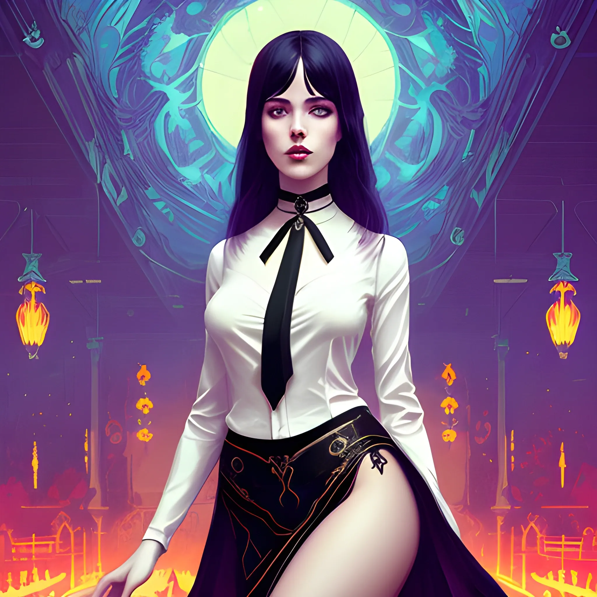 Art Nouveau painting, true aesthetics, stylish fashion shot of a beautiful living woman posing in front of a psychedelic art nouveau style. gothic style korean female, full figure, fit, ellegant tight white shirts, ties, miniskirts,  legs,  choker, long hair, classy,  big bossom, beautiful faces, manga eyes, same eyes, open mouth, dark wood with mystery lights in the background, art by Greg Rutkowski, acrylic, high contrast, colorful polychromatic, ultra detailed, ultra quality, CGSocietyHighly detailed, highest quality, 3D, 