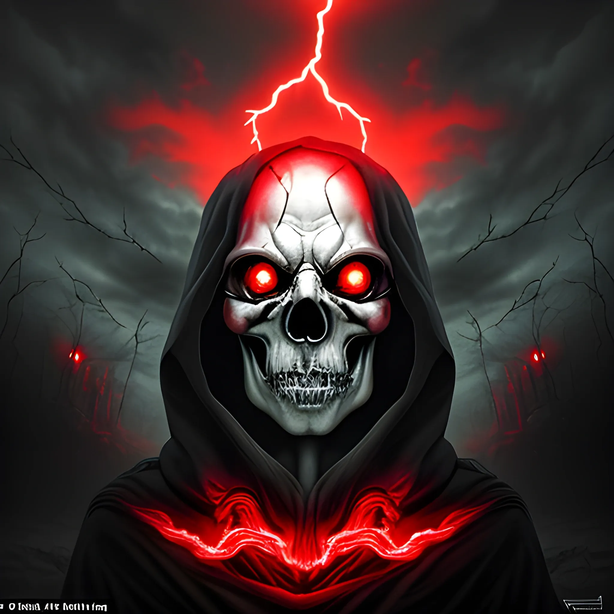 Create a haunting and terrifying digital art piece that showcases a menacing skull formed from the clouds, with glowing red eyes that seem to pierce through the darkness. The skull should be depicted with a twisted and grotesque grin, emphasizing its malevolent presence. The clouds should be dark and foreboding, with lightning crackling through the sky to add to the sense of danger and unease. The overall mood of the piece should be one of intense fear and horror, as if the viewer is being confronted by a malevolent entity from beyond the grave