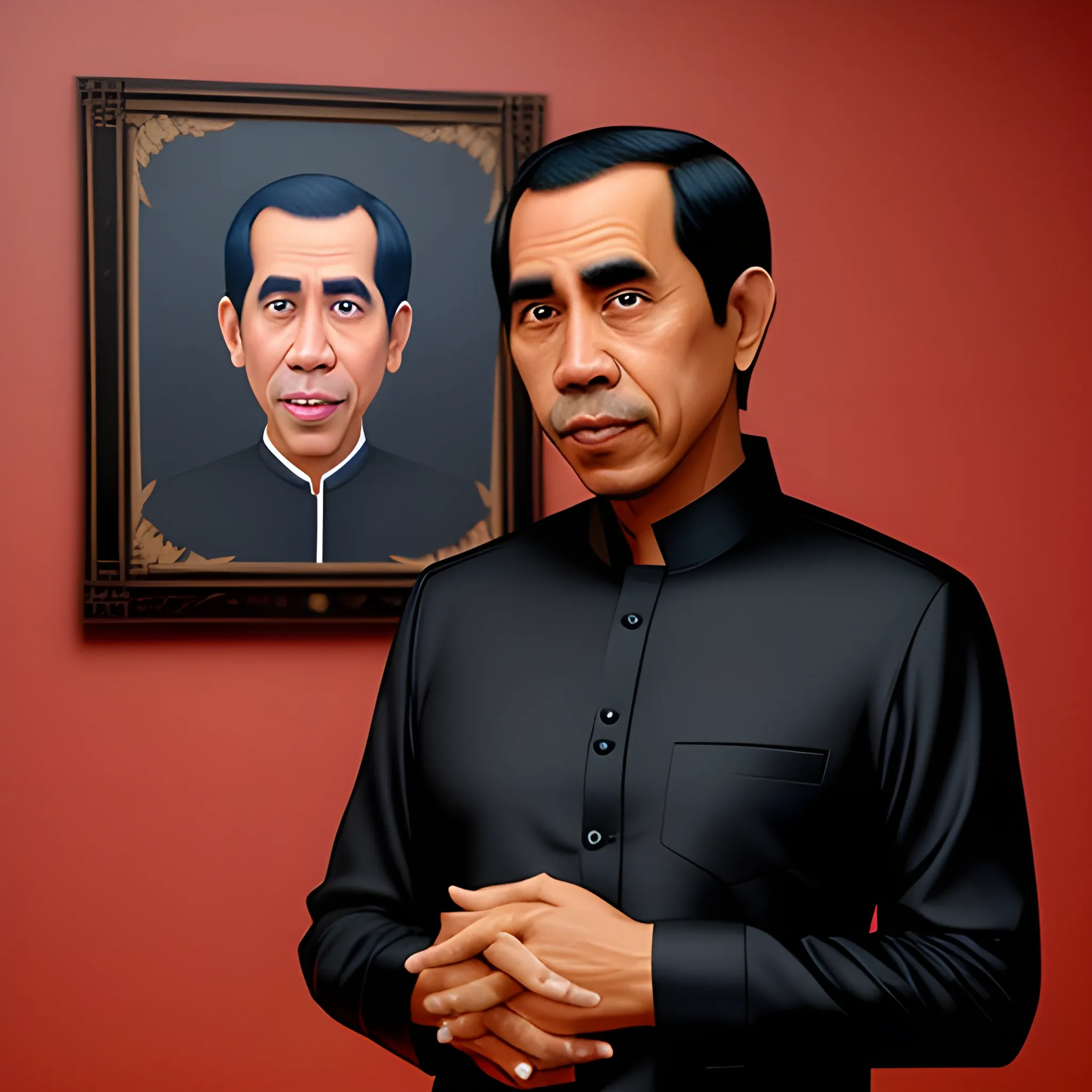 Craft an avatar that embodies the youthful demeanor of Jokowi's face on a young boy's avatar, placed within a room and gazing at the camera. Outfit him in traditional-inspired attire, and render the image using the artistic style of Pixar, with an aspect ratio of 9:16.