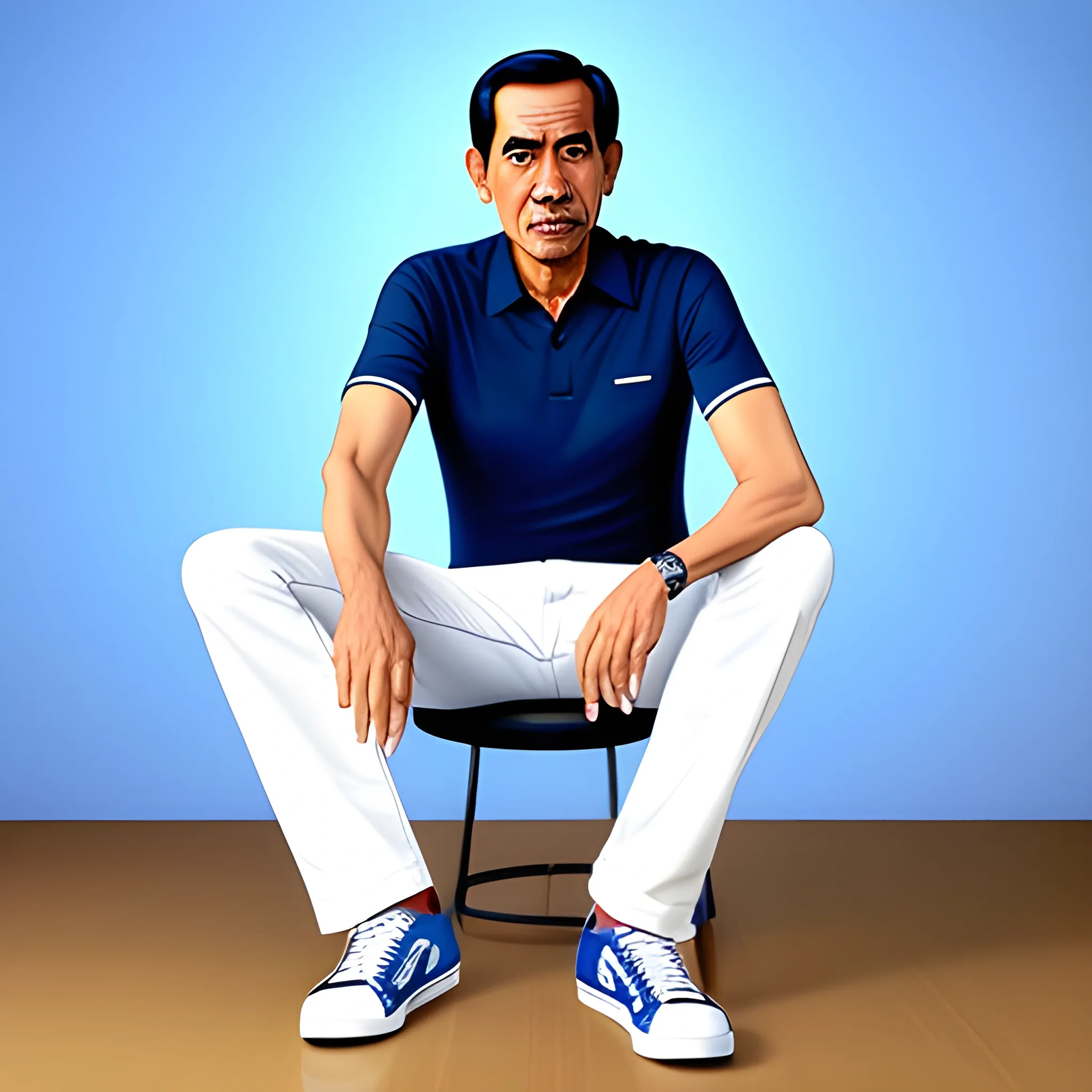 A young boy with the face of Jokowi, wearing a white shirt, blue jeans, and sneakers, looking at the camera, in Pixar style -- AR 9:16"