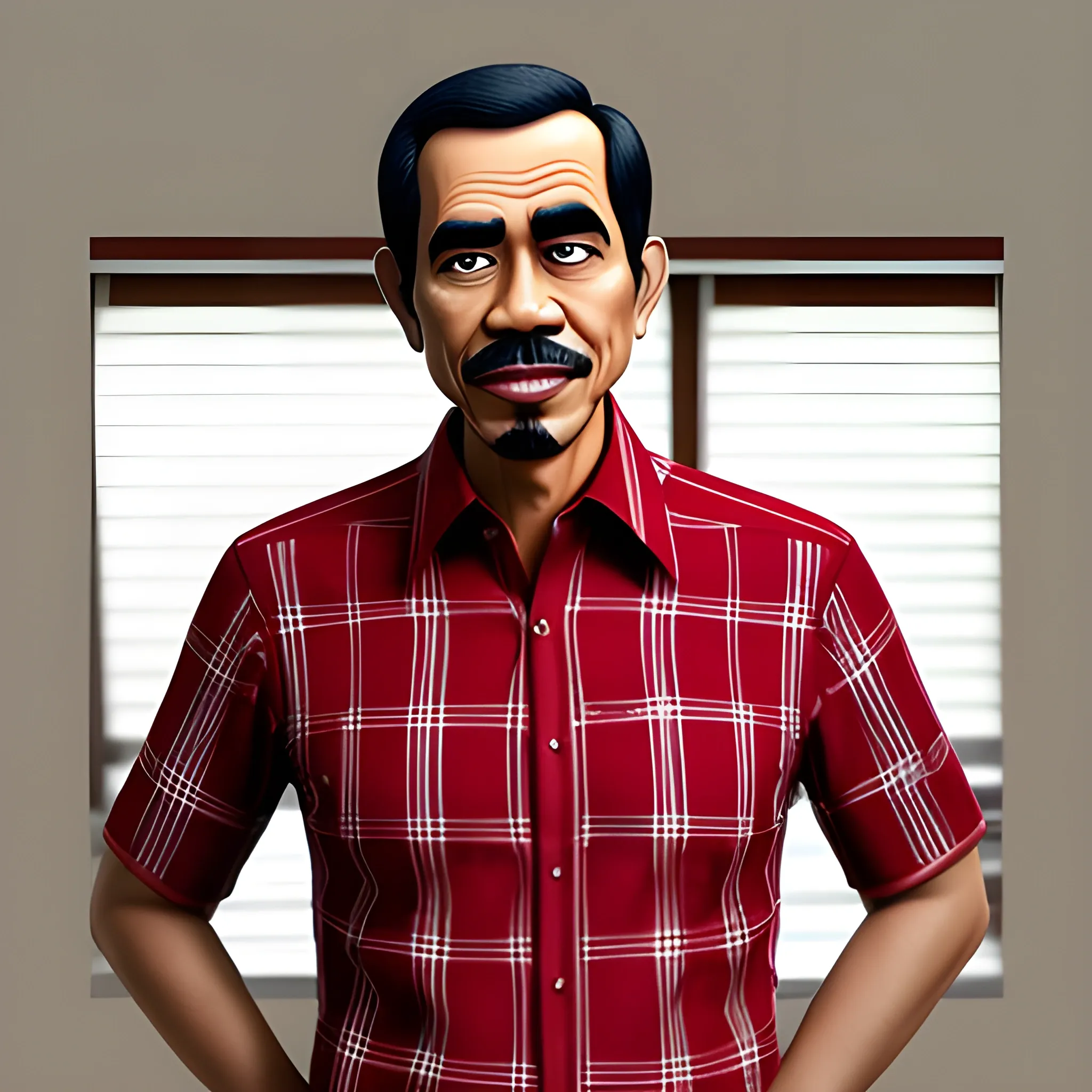 "A child-faced man with the face of Jokowi, wearing a red and white checkered shirt, a white hat, and brown boots, looking at the camera, in Pixar style -- AR 9:16"