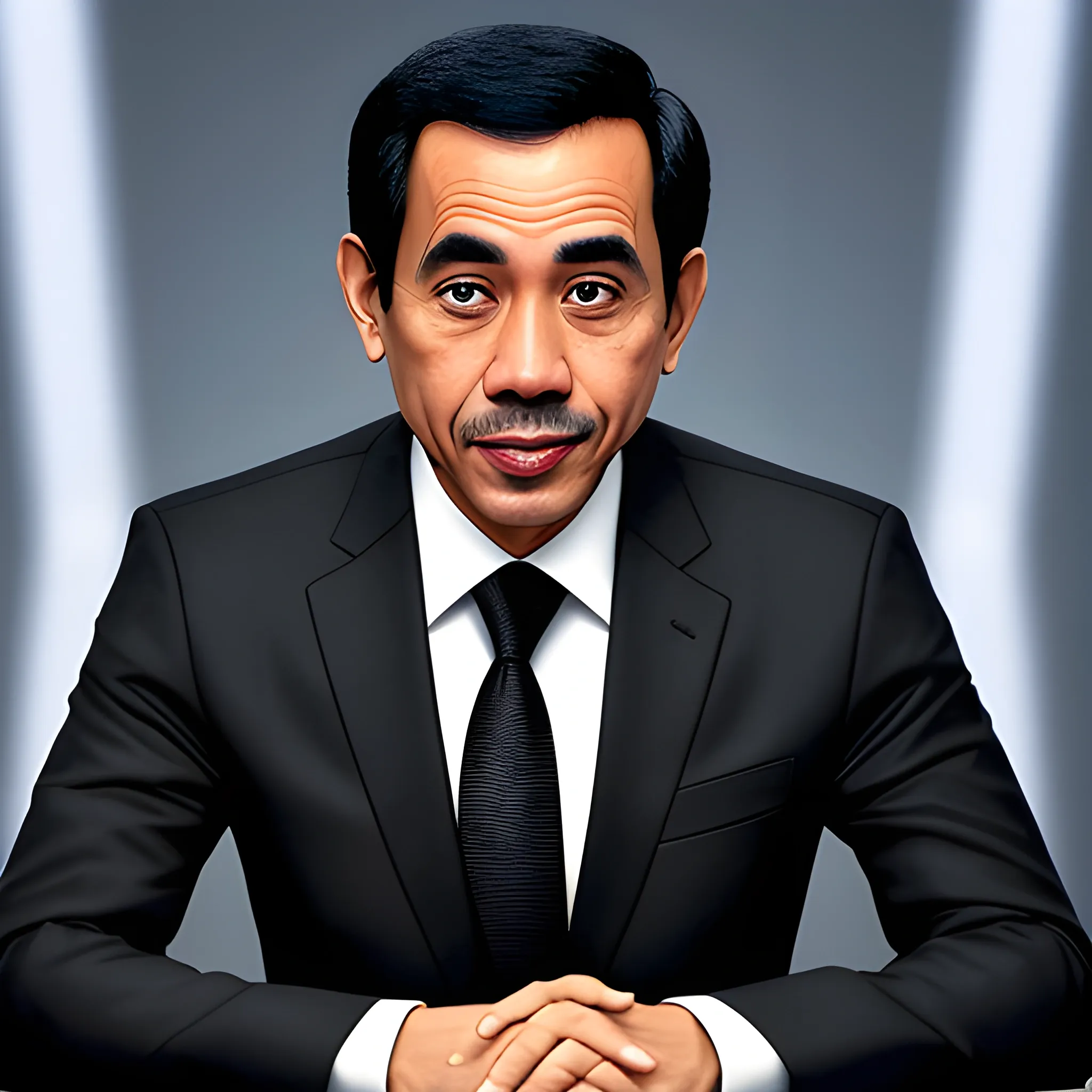 "A young boy with the face of Jokowi, wearing a black suit, a white tie, and black shoes, looking at the camera, in Pixar style -- AR 9:16"