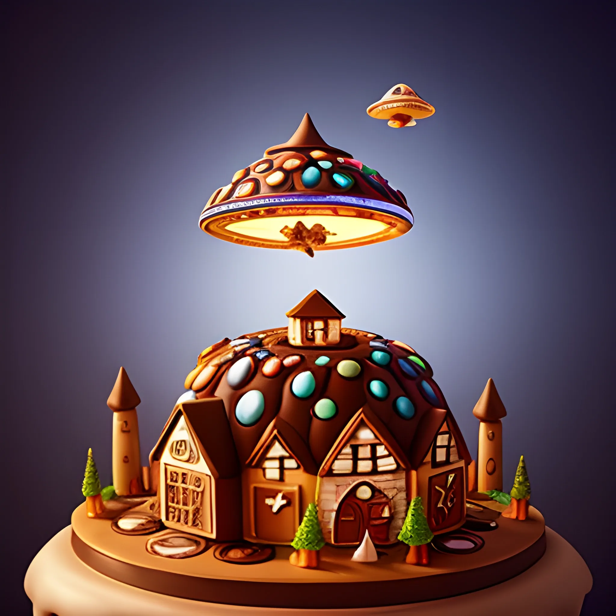 a fantasy visual of a cookie-shaped UFO flying on top of a chocolate village which is a part of a chocolate dessert, cinematic lighting, hyper-realistic, very low-angle