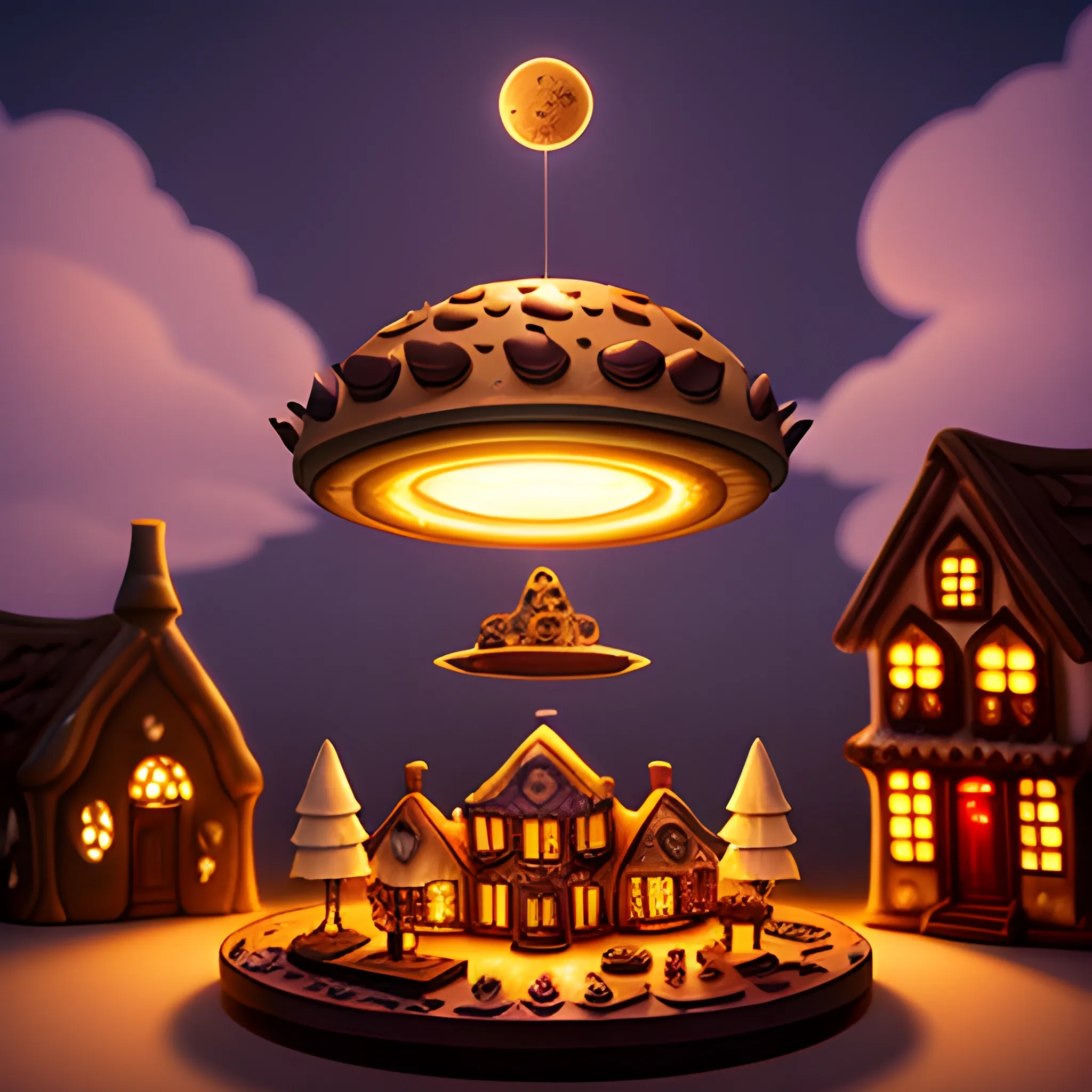 a fantasy visual of a cookie-shaped UFO flying on top of a chocolate village which is a part of a chocolate dessert, cinematic lighting, hyper-realistic, very low-angle from ground level