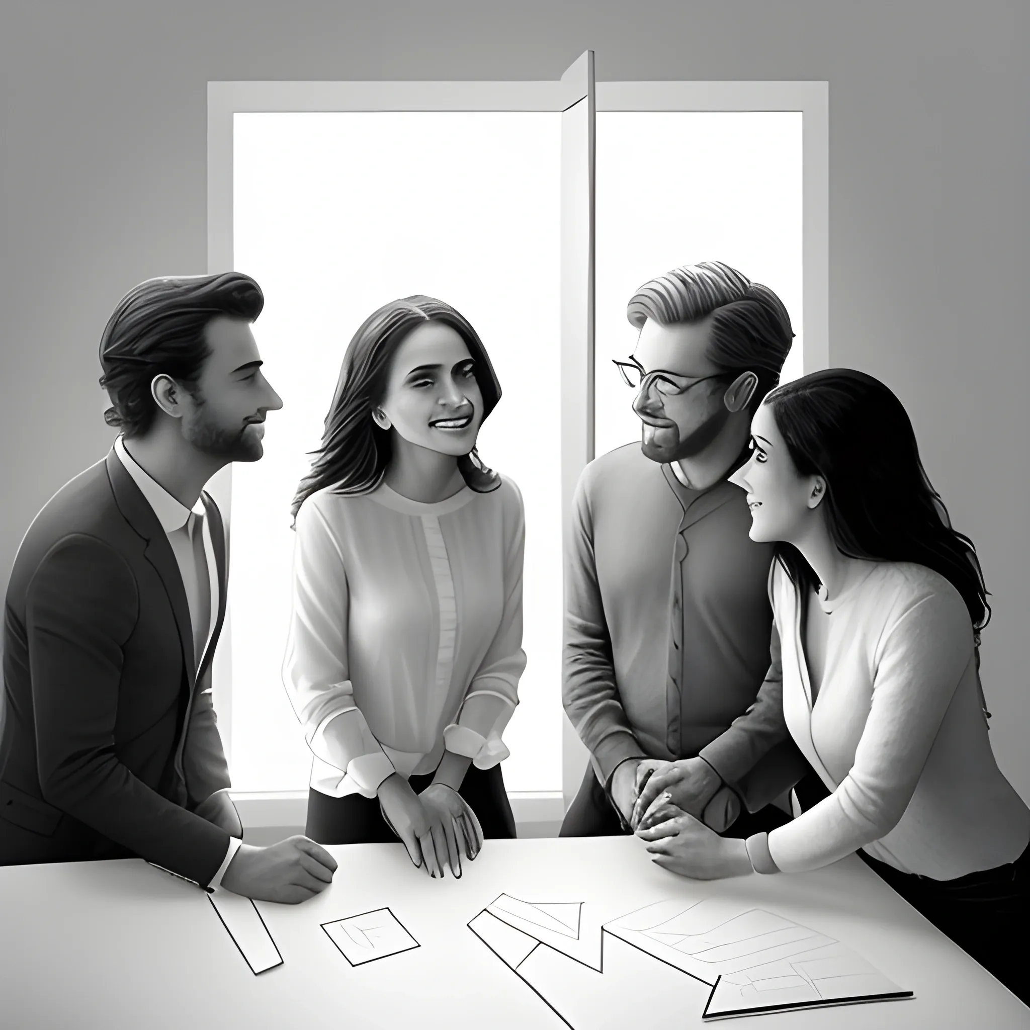 haz una imagen horizontal en la que se vean 4 hombres y 4 mujeres de negocios juntos hablando entre si, de espaldas y con luz entrando por una ventana que hay al fondo y que lo ilumina todo, Pencil Sketch, 
