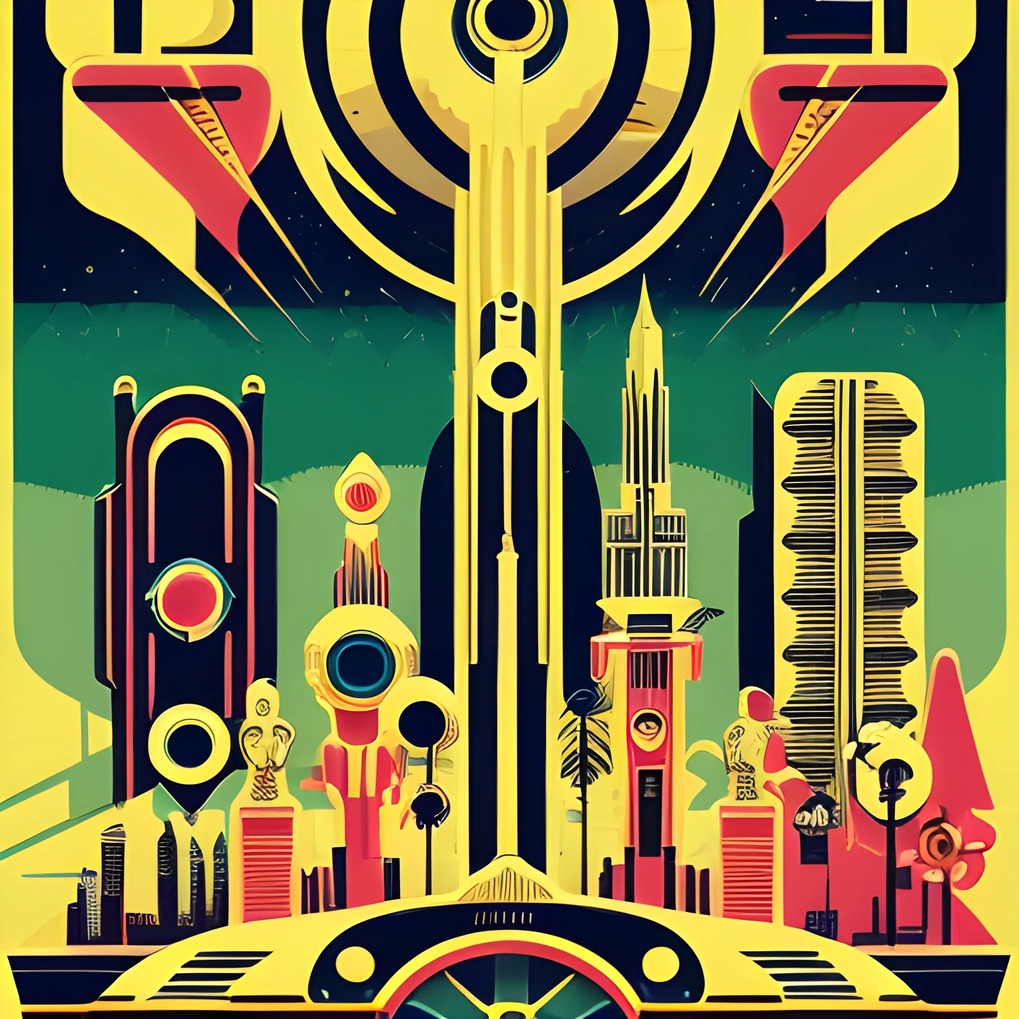 ), (in the style of inked), A vintage travel poster depiction of a glowing creepy city, featuring vibrant landscapes and strange old buildings. The camera angle is a medium shot, capturing the city's distinctive features while keeping the focus on the intricate details of the alien world. The color palette is rich and multicolor, invoking a sense of wonder and otherworldliness. The poster is designed in an art deco style, combining bold geometric shapes with intricate patterns. This image is a playful and imaginative representation of intergalactic travel, perfectly blending nostalgia and futuristic elements., (high quality), (detailed), (masterpiece), (best quality), (highres), (extremely detailed), (8k)