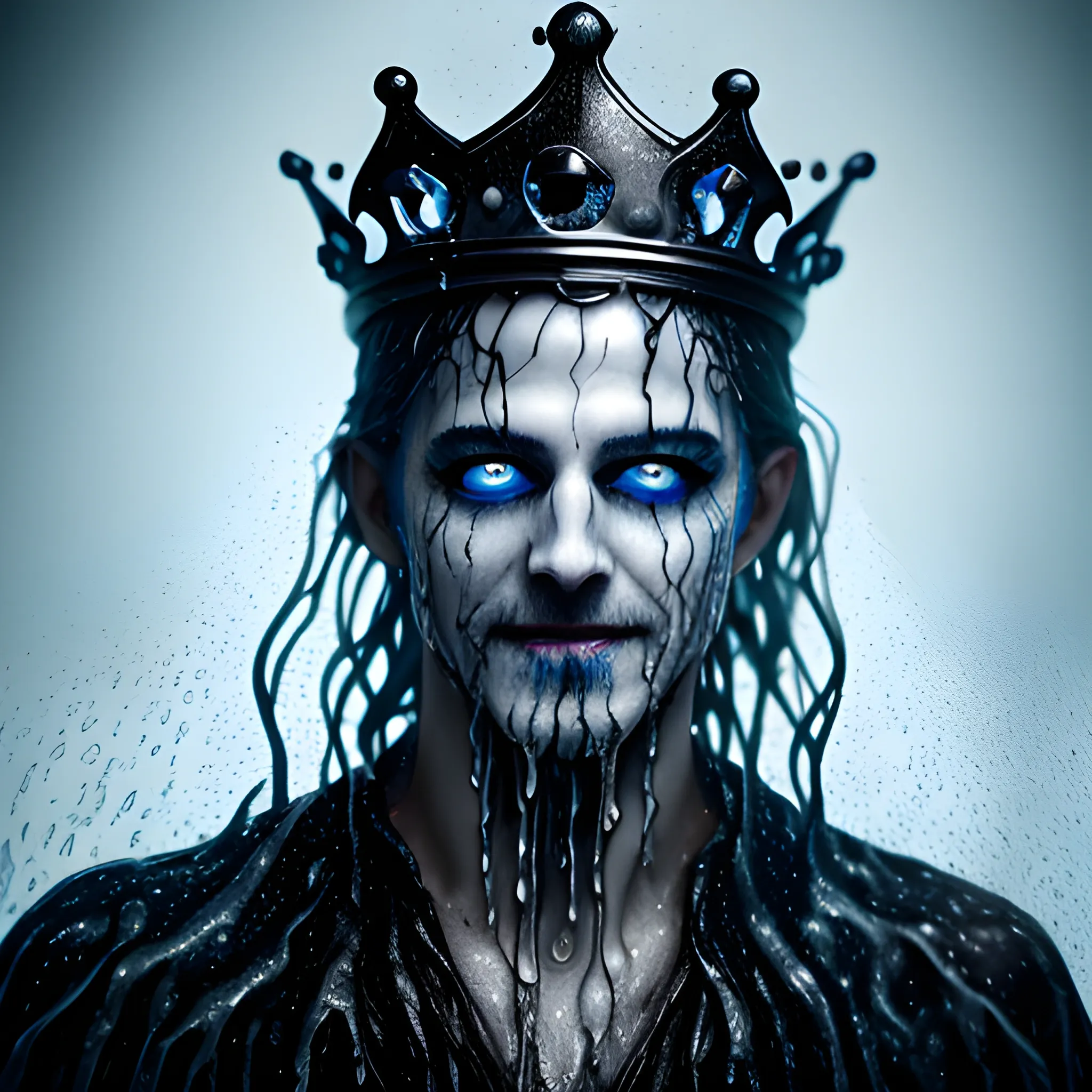 photorealistic image of the king of ghosts soaked in water with a black crown, full body, ominous smile, dimmed lighting, blue painted wet hair, wet makeup, evil grim, bokeh lighting