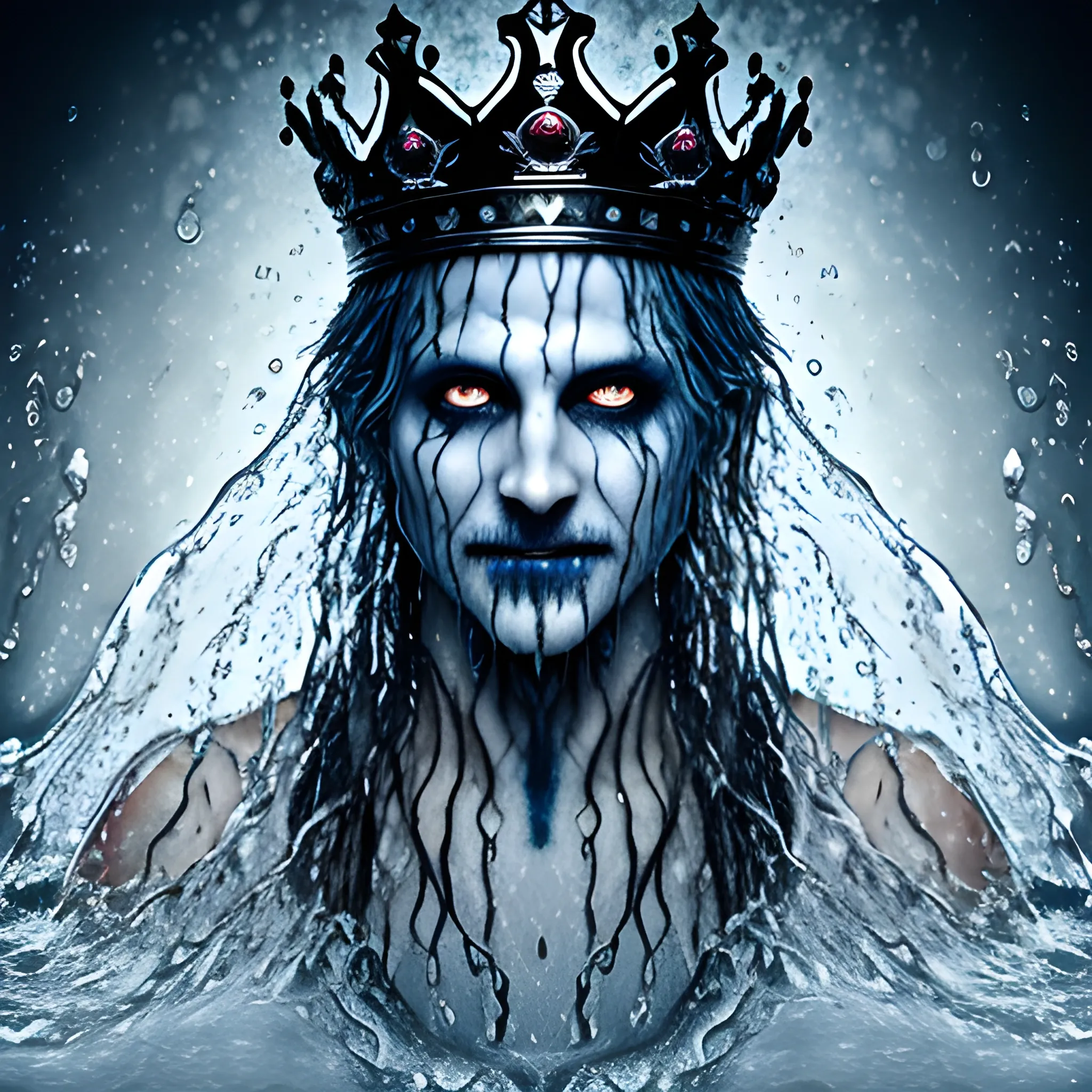 photorealistic image of the king of ghosts soaked in water with a black crown, full body, ominous smile, dimmed lighting, blue painted wet hair, wet makeup, evil grim, bokeh lighting