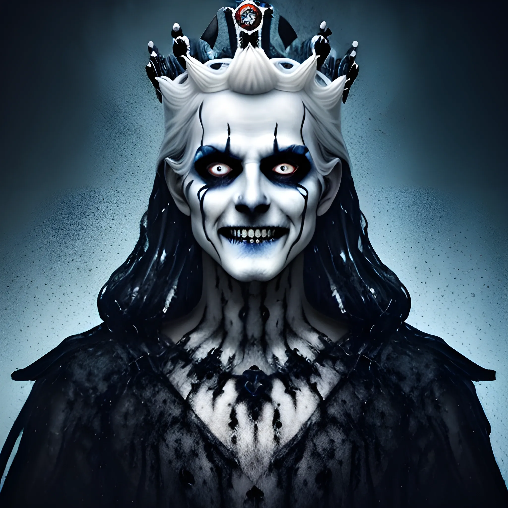 photorealistic image of the king of ghosts  with a black crown, full body, ominous smile, dimmed lighting, blue painted wet hair, wet makeup, evil grim, bokeh lighting