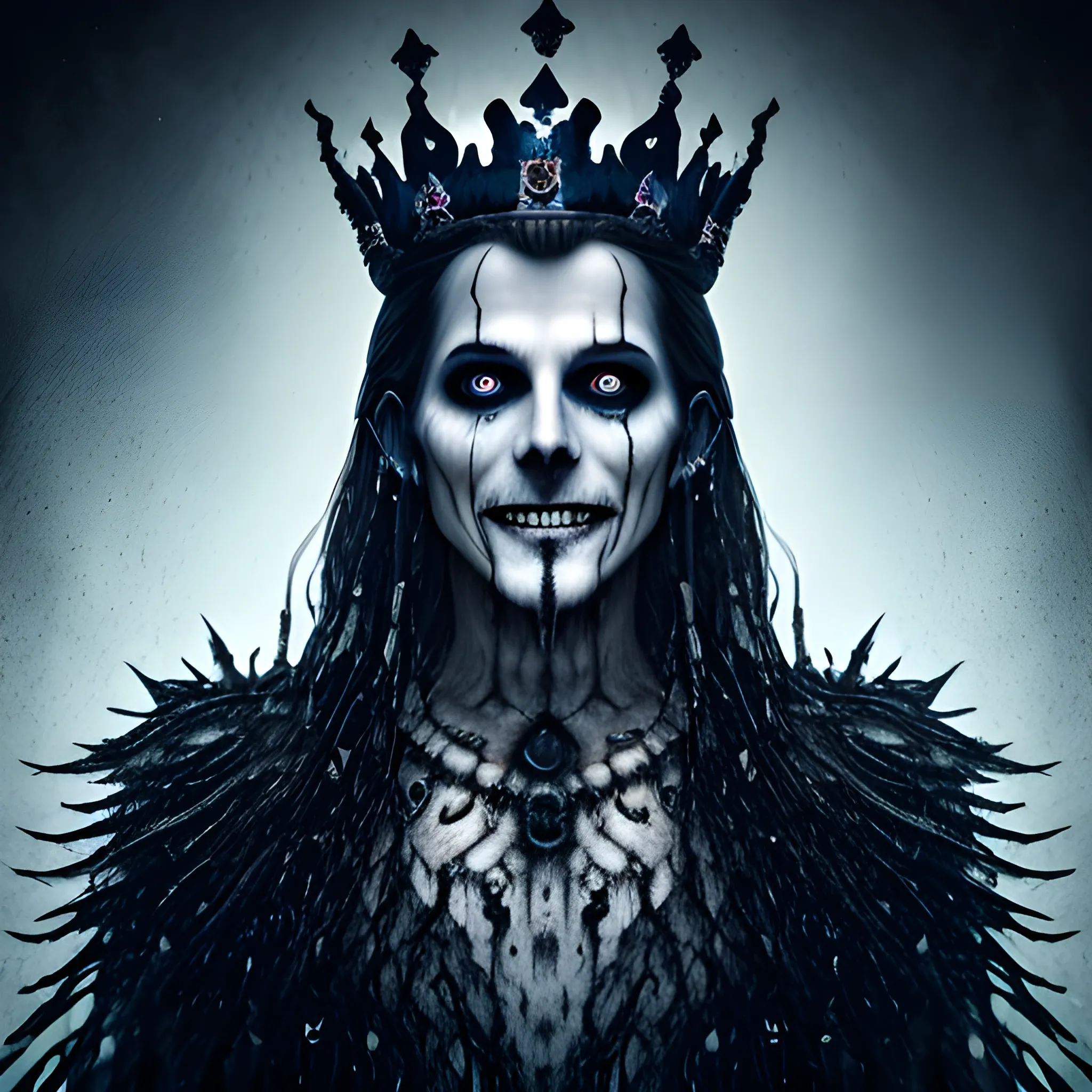 photorealistic image of the king of ghosts  with a black crown, full body, ominous smile, dimmed lighting, blue painted wet hair, wet makeup, evil grim, bokeh lighting