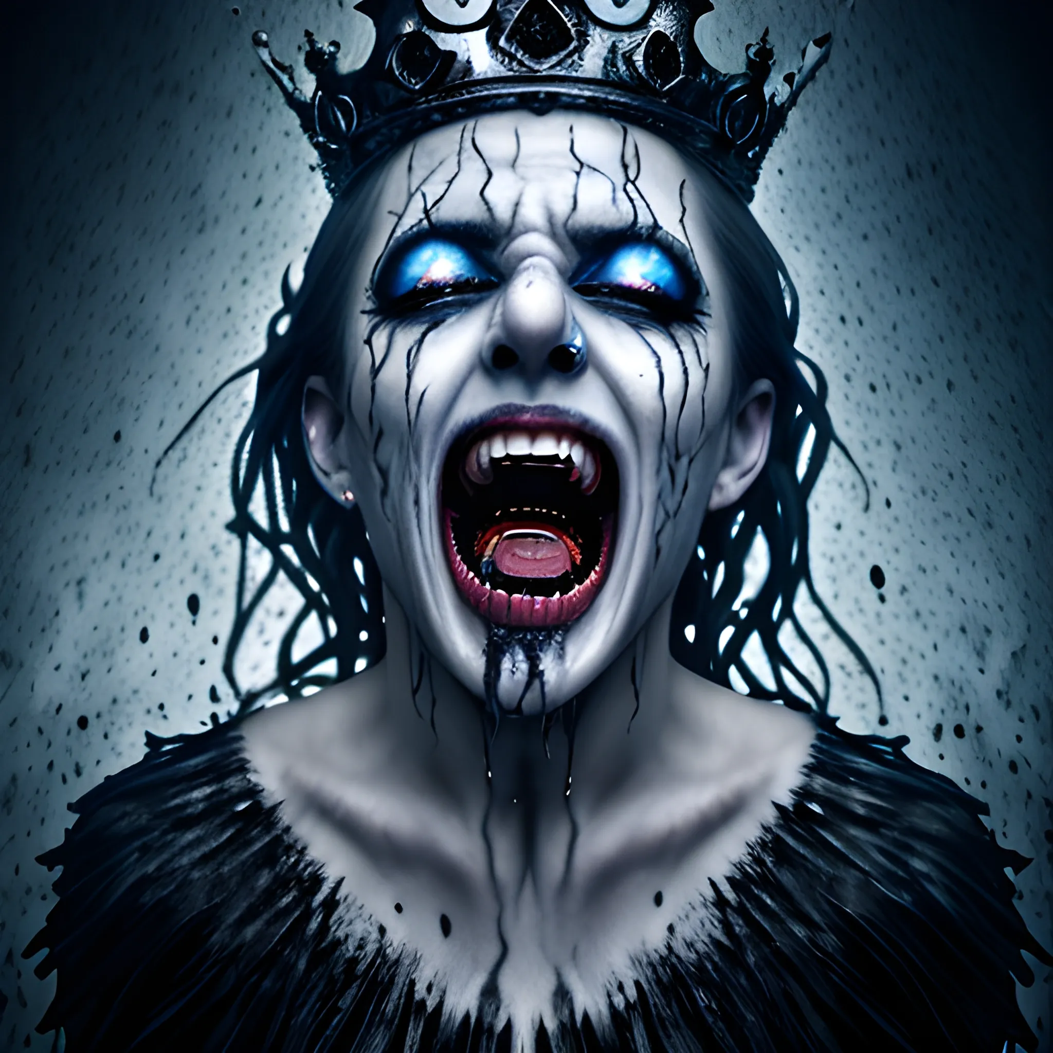 photorealistic image of the king of ghosts screaming with a black crown, full body, ominous smile, dimmed lighting, blue painted wet hair, wet makeup, evil grim, bokeh lighting