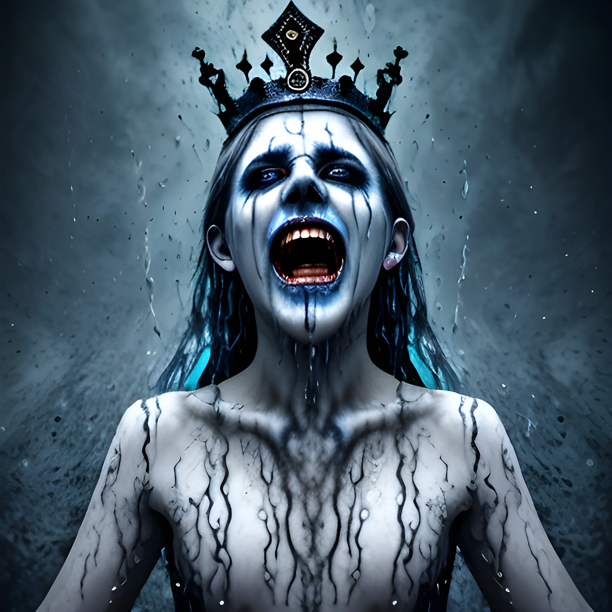photorealistic image of the king of ghosts screaming with a black crown, full body, ominous smile, dimmed lighting, blue painted wet hair, wet makeup, evil grim, bokeh lighting