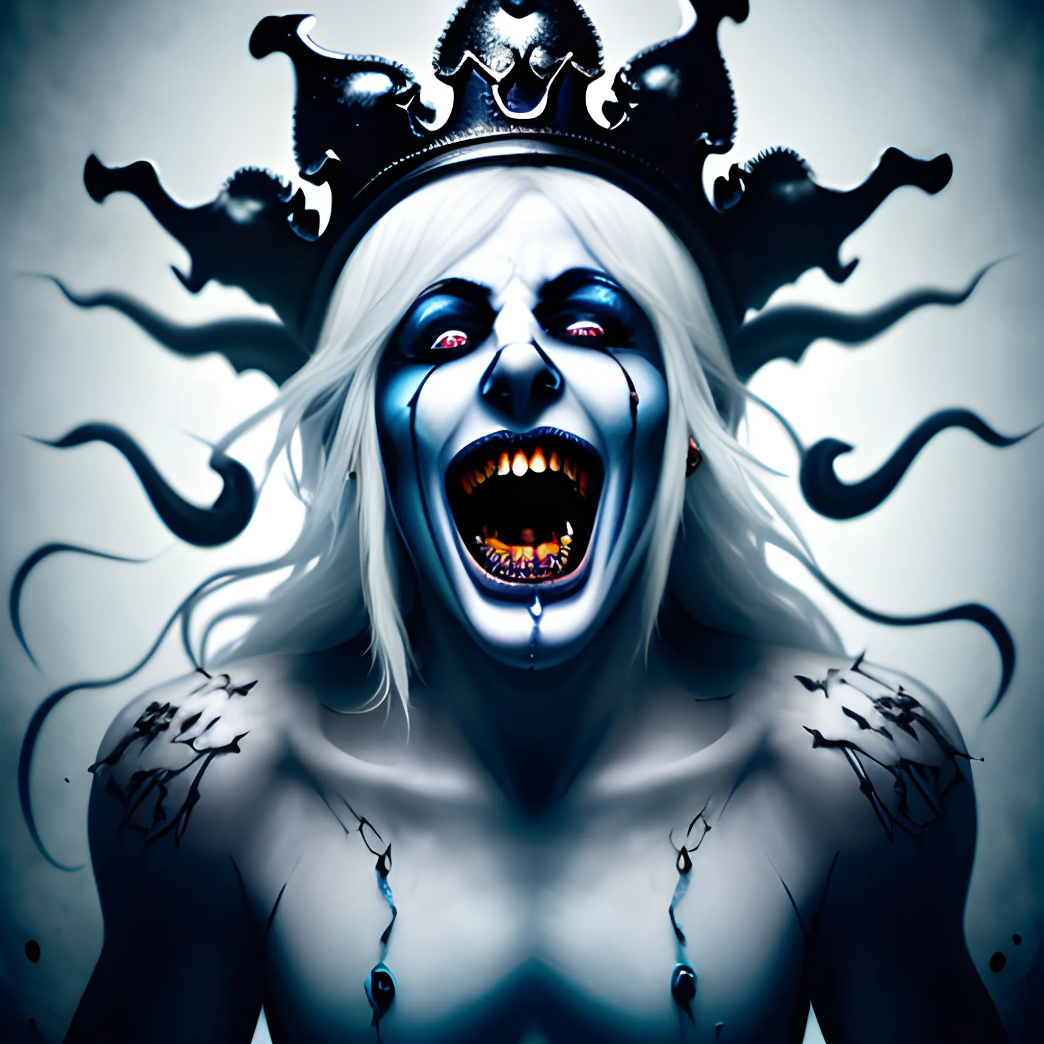 photorealistic image of the king of ghosts screaming with a black crown, full body, ominous smile, dimmed lighting, blue painted hair, white makeup, evil grin, bokeh lighting