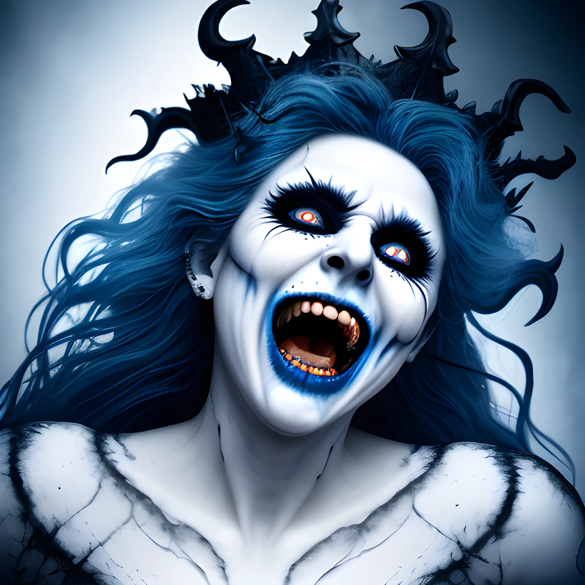 photorealistic image of the king of ghosts screaming with a black crown, full body, ominous smile, dimmed lighting, blue painted hair, white makeup, evil grin, bokeh lighting