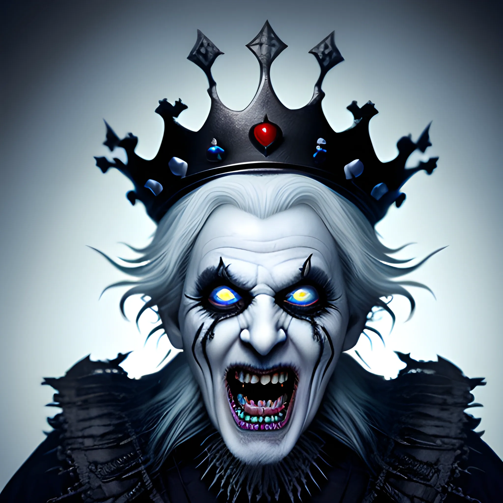 photorealistic image of the elderly king of ghosts screaming with a black crown, full body, ominous smile, dimmed lighting, blue painted hair, white makeup, evil grin, bokeh lighting