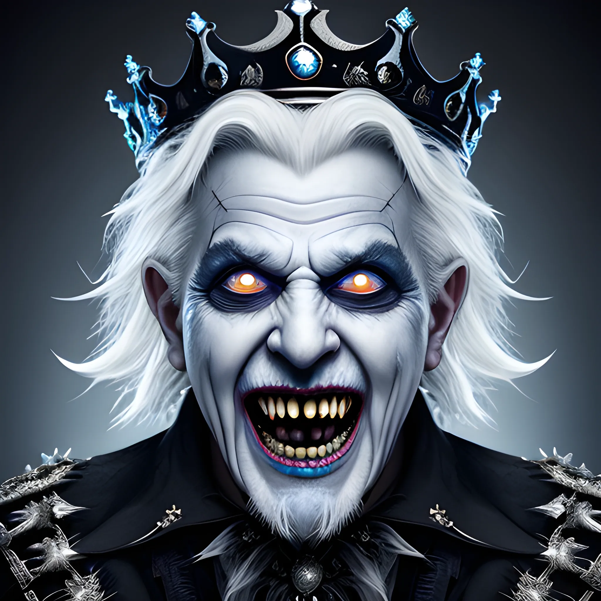 photorealistic image of the elderly king of ghosts screaming with a black crown, full body, ominous smile, dimmed lighting, blue painted hair, white makeup, evil grin, bokeh lighting
