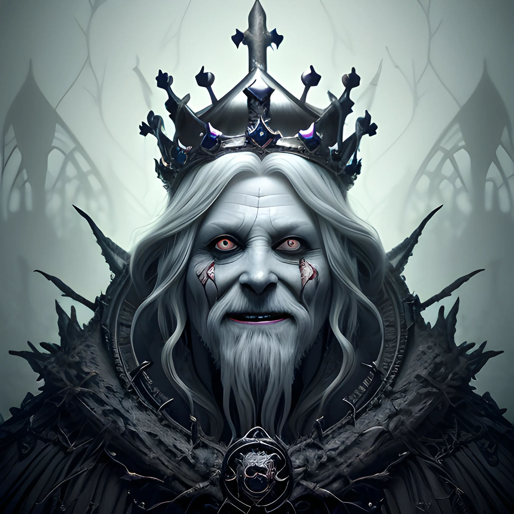 un-natural ghost king with a black pointed crown, creepy smile, transparent ghost, 8k, high resolution, high quality, photorealistic, hyper-realistic, detailed, detailed matte painting, deep colour, fantastical, intricate detail, splash screen, complementary colours, fantasy concept art, 8k resolution trending on Artstation Unreal Engine 5

