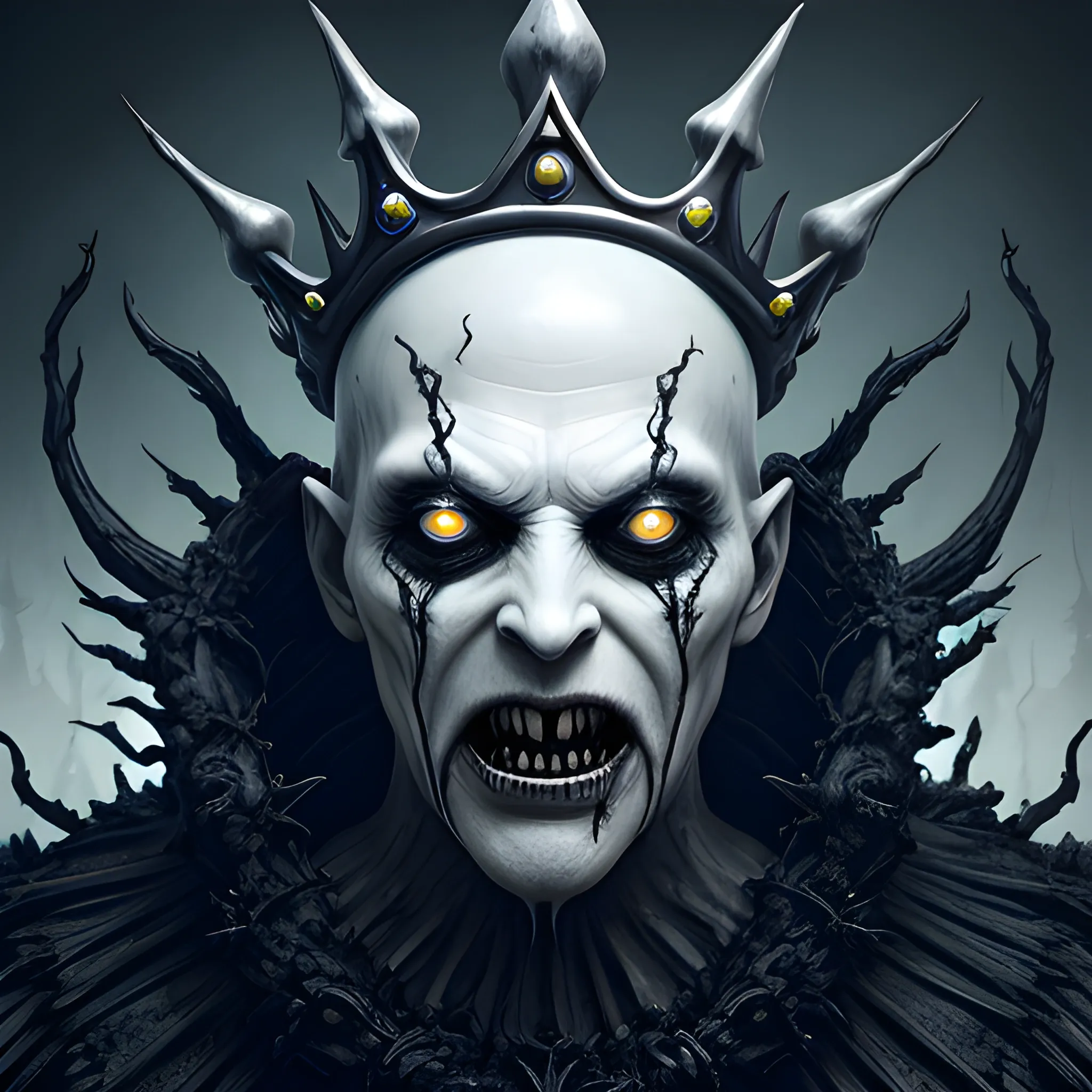 un-natural thin but tall Ghost King with a black pointed crown, creepy screaming face , transparent ghost,surrounded with black lightning, 8k, high resolution, high quality, photorealistic, hyper-realistic, detailed, detailed matte painting, deep colour, fantastical, intricate detail, splash screen, complementary colours, fantasy concept art, 8k resolution trending on Artstation Unreal Engine 5


