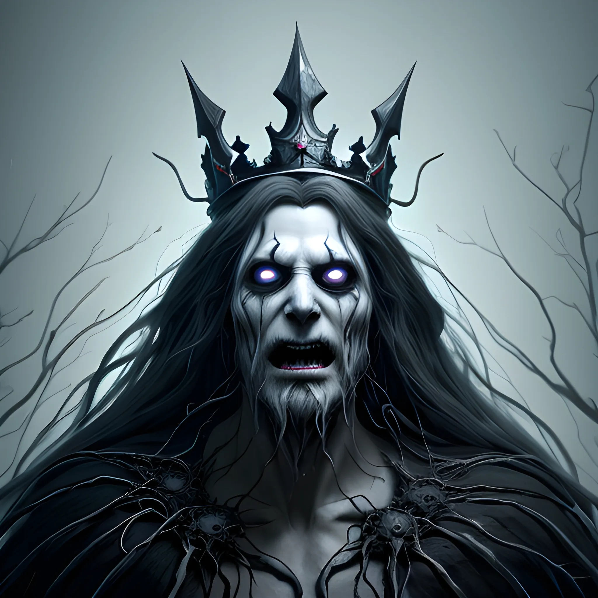 un-natural thin but tall Ghost King with a black pointed crown, long white hair, a creepy screaming face , transparent ghost, surrounded with black lightning, 8k, high resolution, high quality, photorealistic, hyper-realistic, detailed, detailed matte painting, deep colour, fantastical, intricate detail, splash screen, complementary colours, fantasy concept art, 8k resolution trending on Artstation Unreal Engine 5

