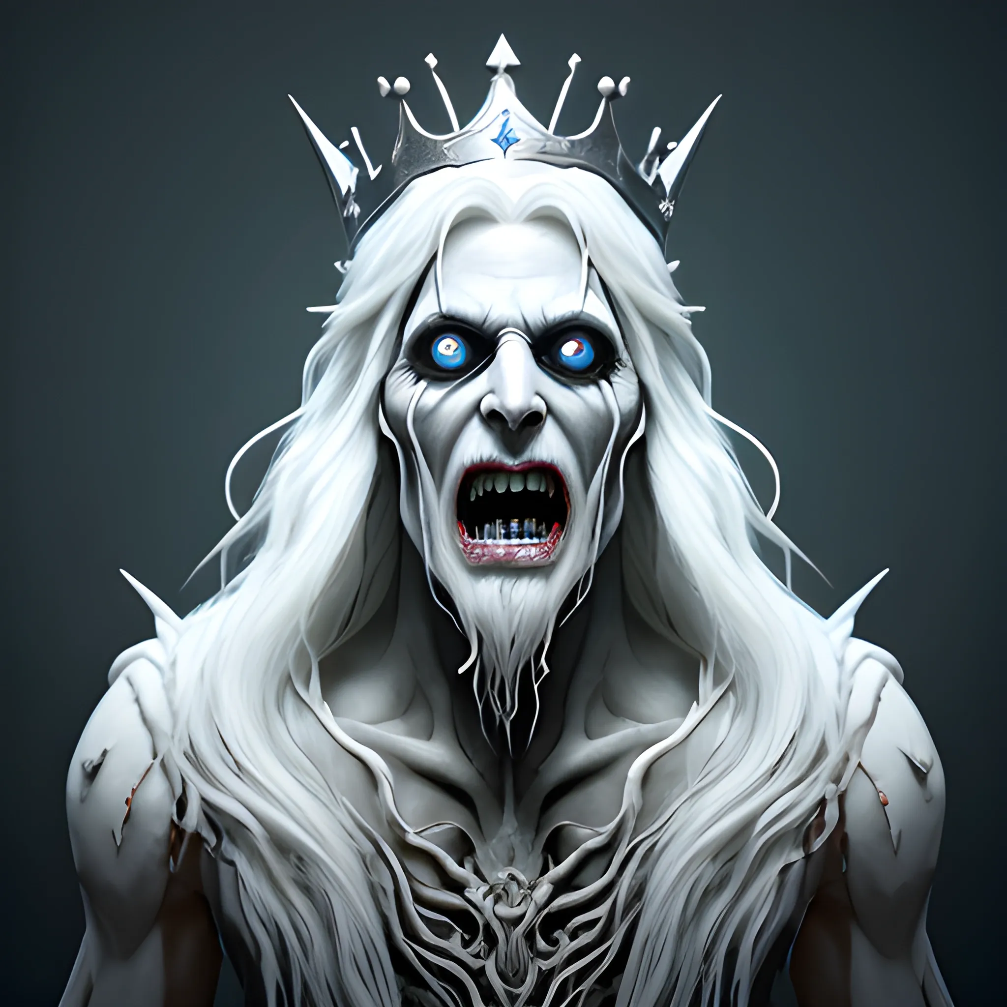 un-natural thin but tall Ghost King with a black pointed crown, long white hair, a creepy screaming face , transparent ghost, surrounded with black lightning, 8k, high resolution, high quality, photorealistic, hyper-realistic, detailed, detailed matte painting, deep colour, fantastical, intricate detail, splash screen, complementary colours, fantasy concept art, 8k resolution trending on Artstation Unreal Engine 5

