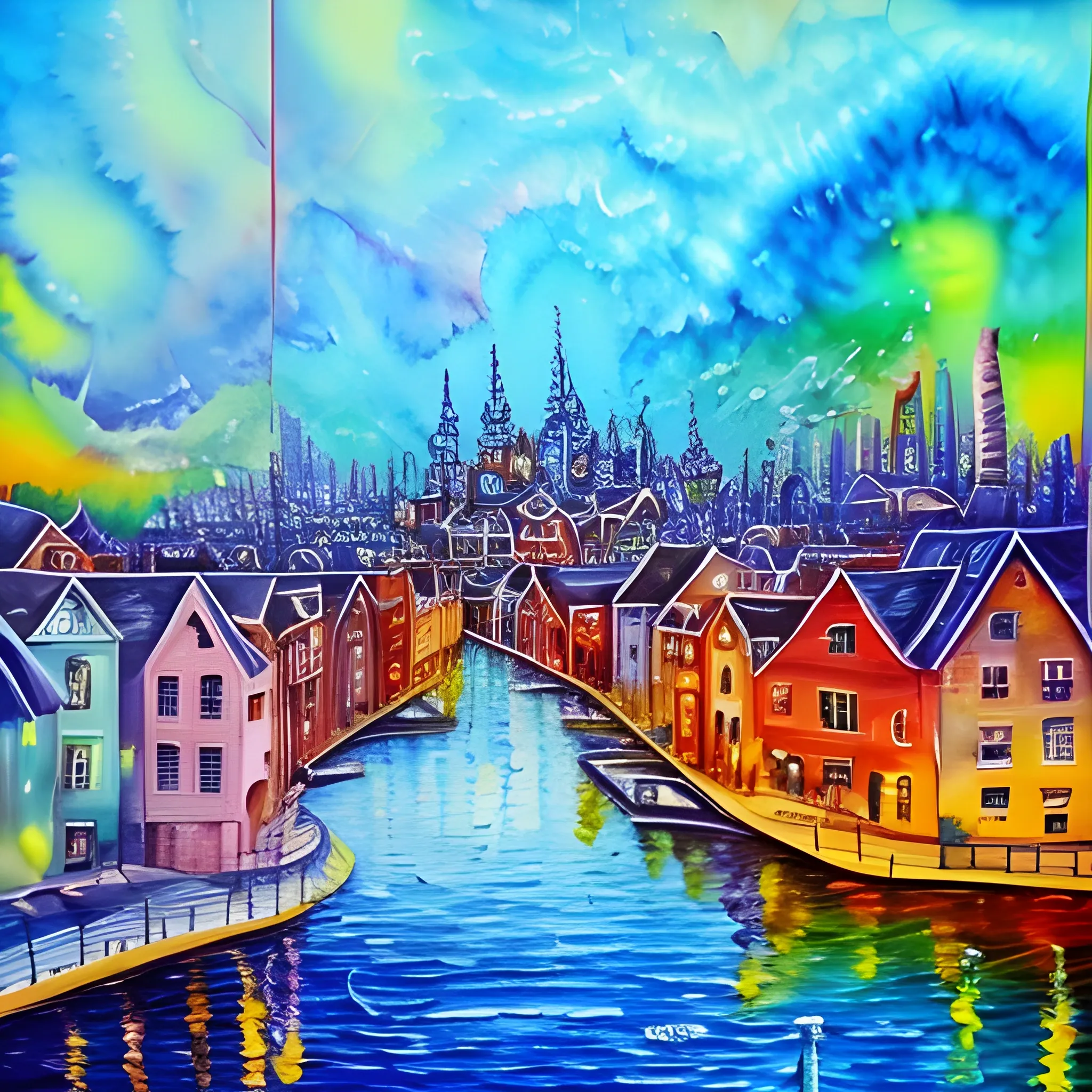 , Trippy, Oil Painting, Water Color, town, city