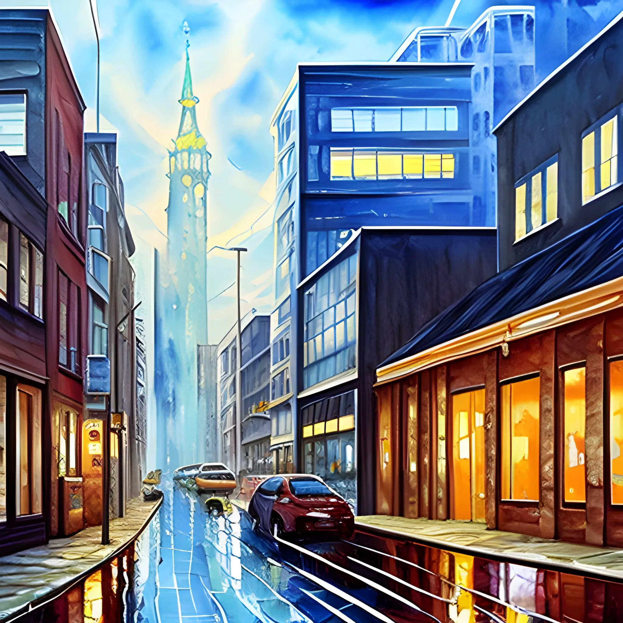 Oil Painting, Water Color, town, city, anime, buildings, tall buildings, roads