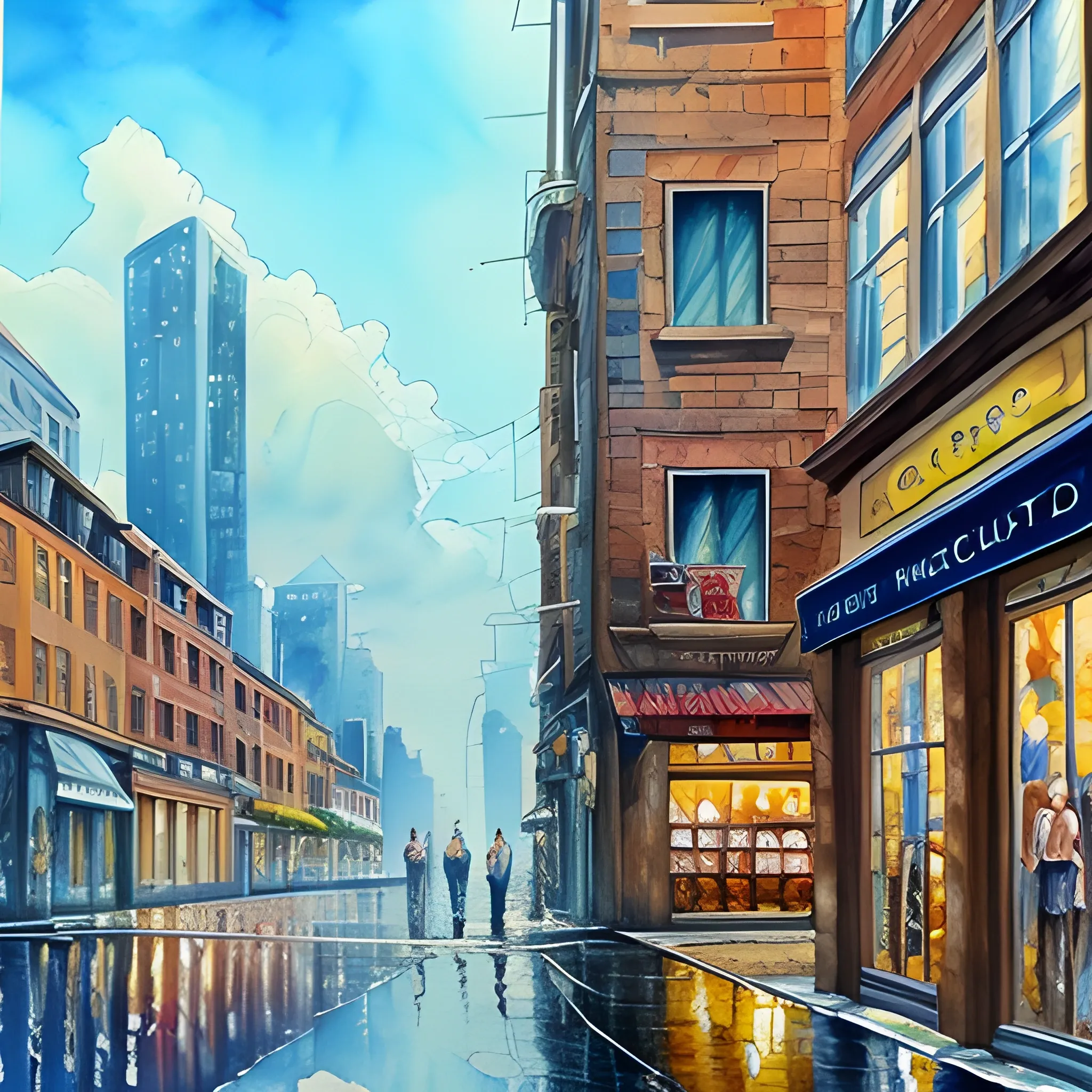 Oil Painting, Water Color, town, city, anime, buildings, tall buildings, roads