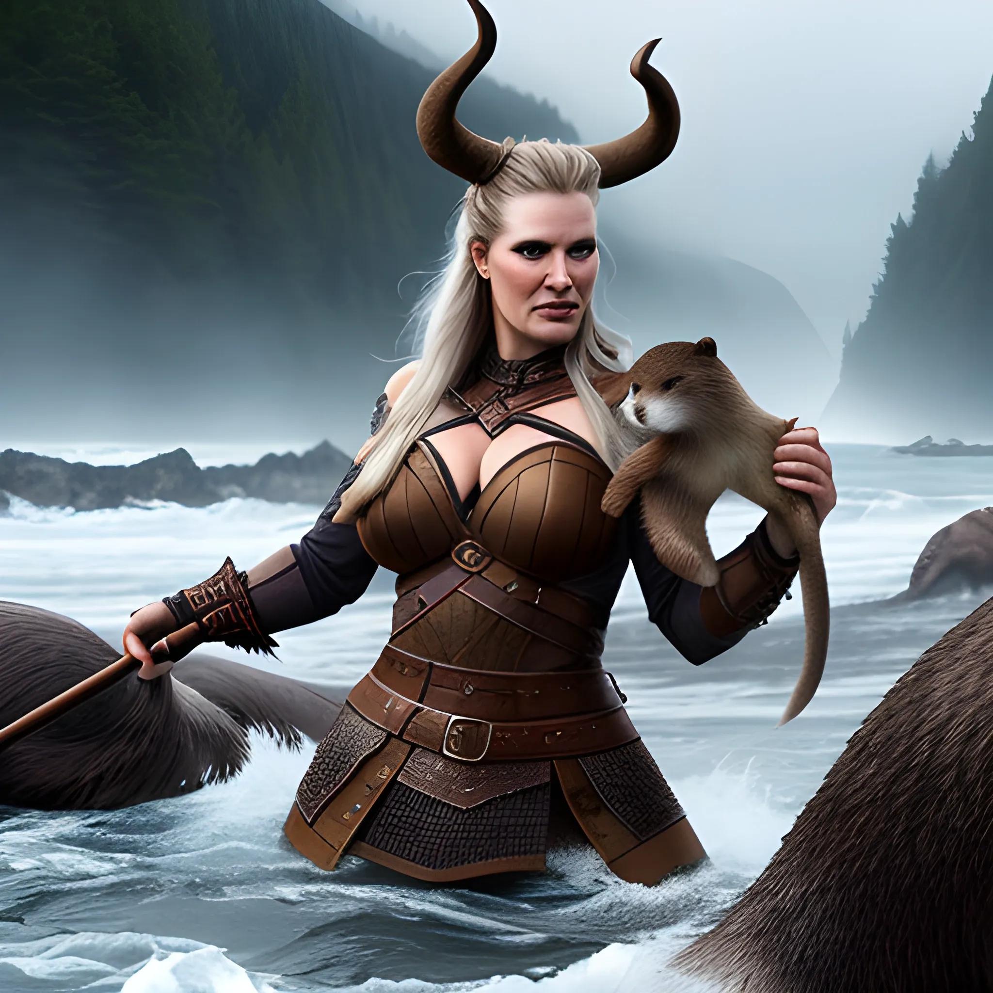 sfw, viking girl, holding otter, no horns, battle,, photorealistic