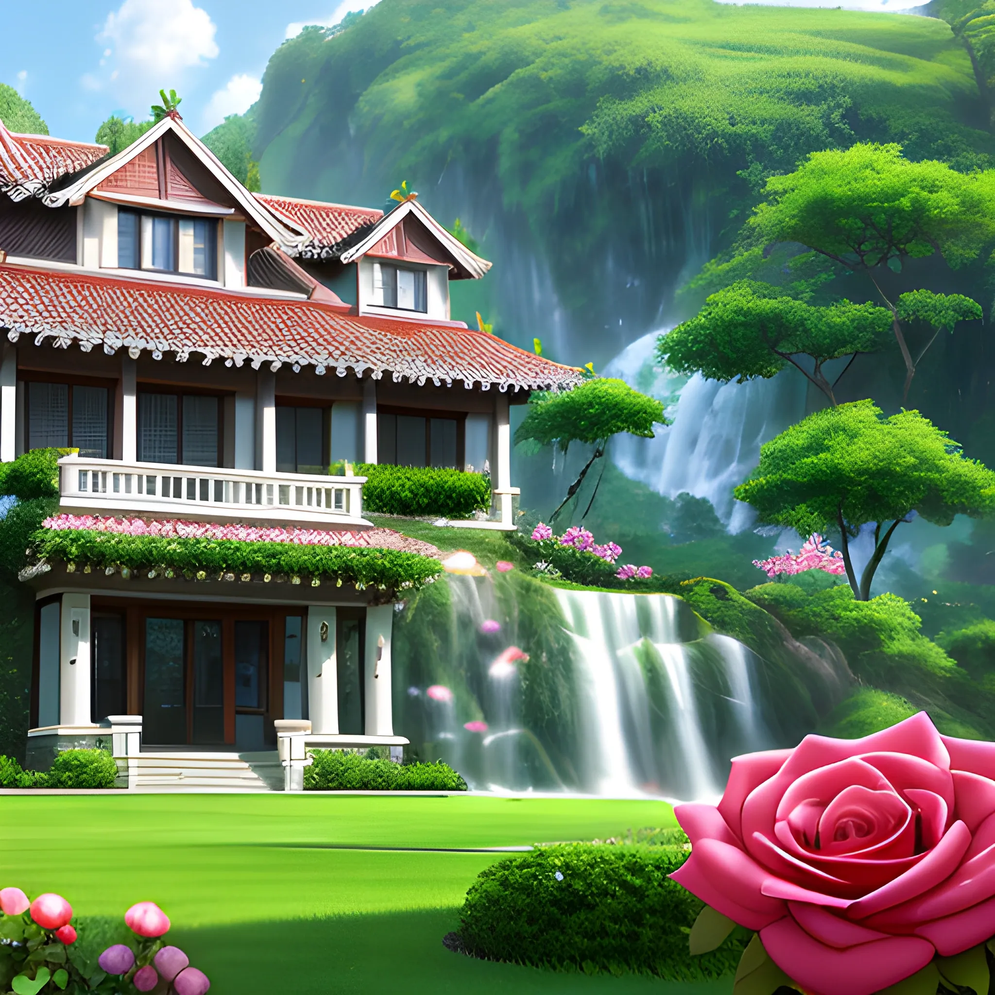 A realistic CG rendering of Juck Zhang, with a green villa on it, green grass besides the villa, a white cotton cloud in the sky, and a rose waterfall flowing from the roof to the grass.HD --ar 9:16