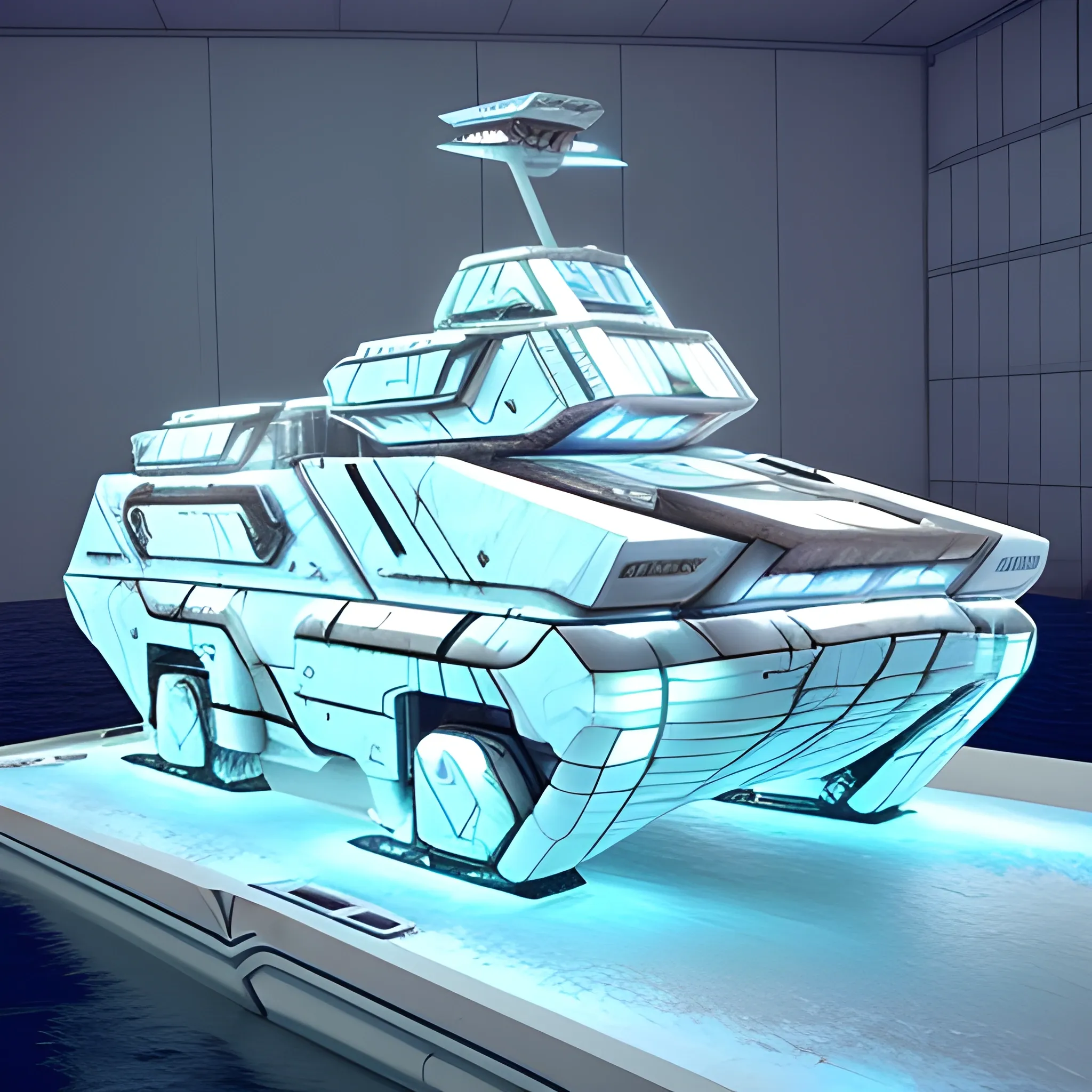 hybrid futuristic giant tank sailing on the river, it is made of recycled materials this is mostly white in color with lights on the edges in addition to having large windows, the tank has a futuristic ship deck