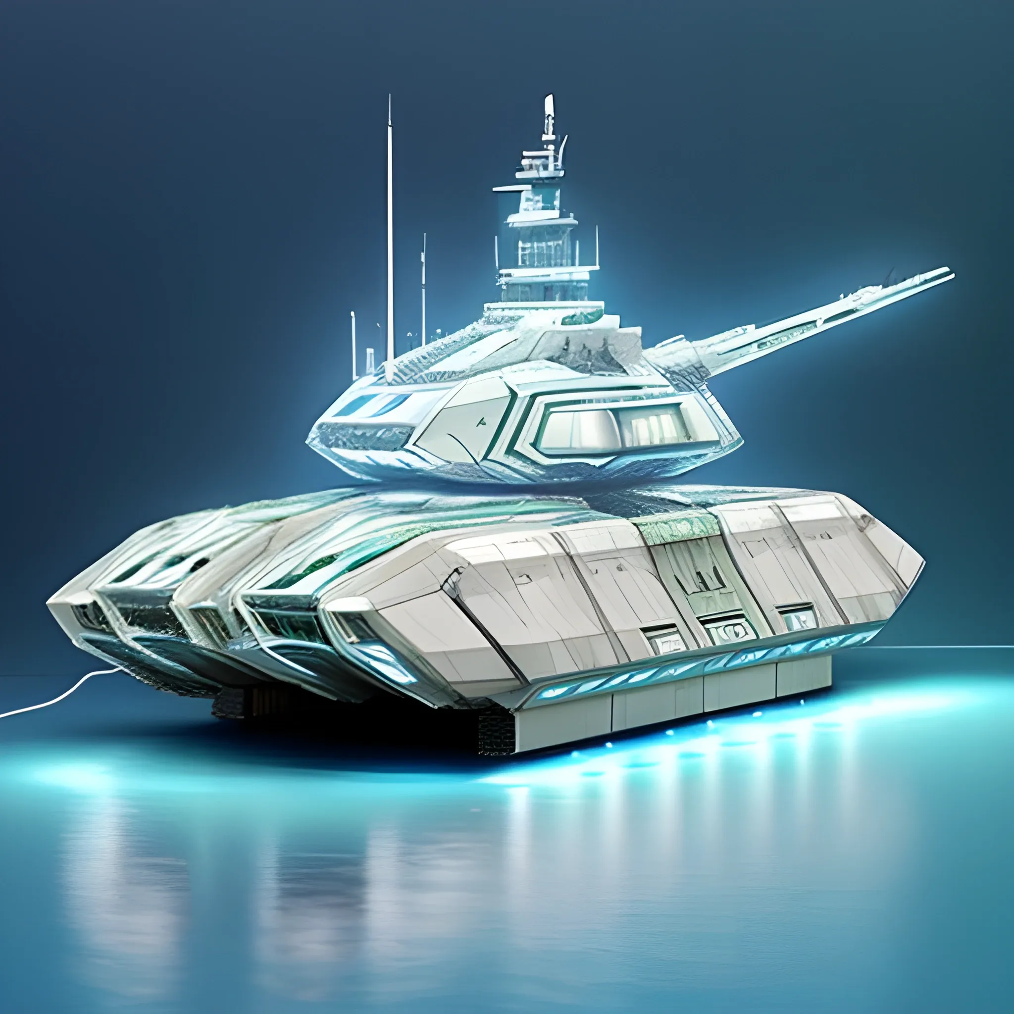 Futuristic hybrid giant tank sailing in large torrential oceans, it is made of recycled materials this is mostly white in color with lights on the edges as well as having large windows, the tank has a futuristic ship deck