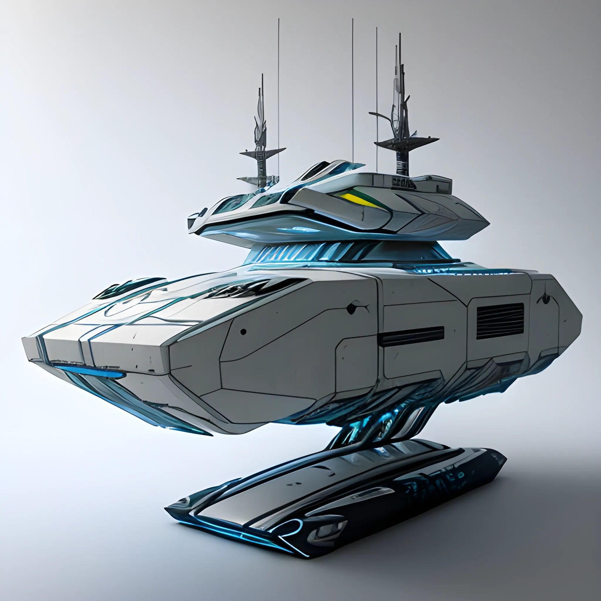 3/4 view, Futuristic hybrid giant tank sailing in large torrential oceans, it is made of recycled materials this is mostly white in color with lights on the edges as well as having large windows, the tank has a futuristic ship deck