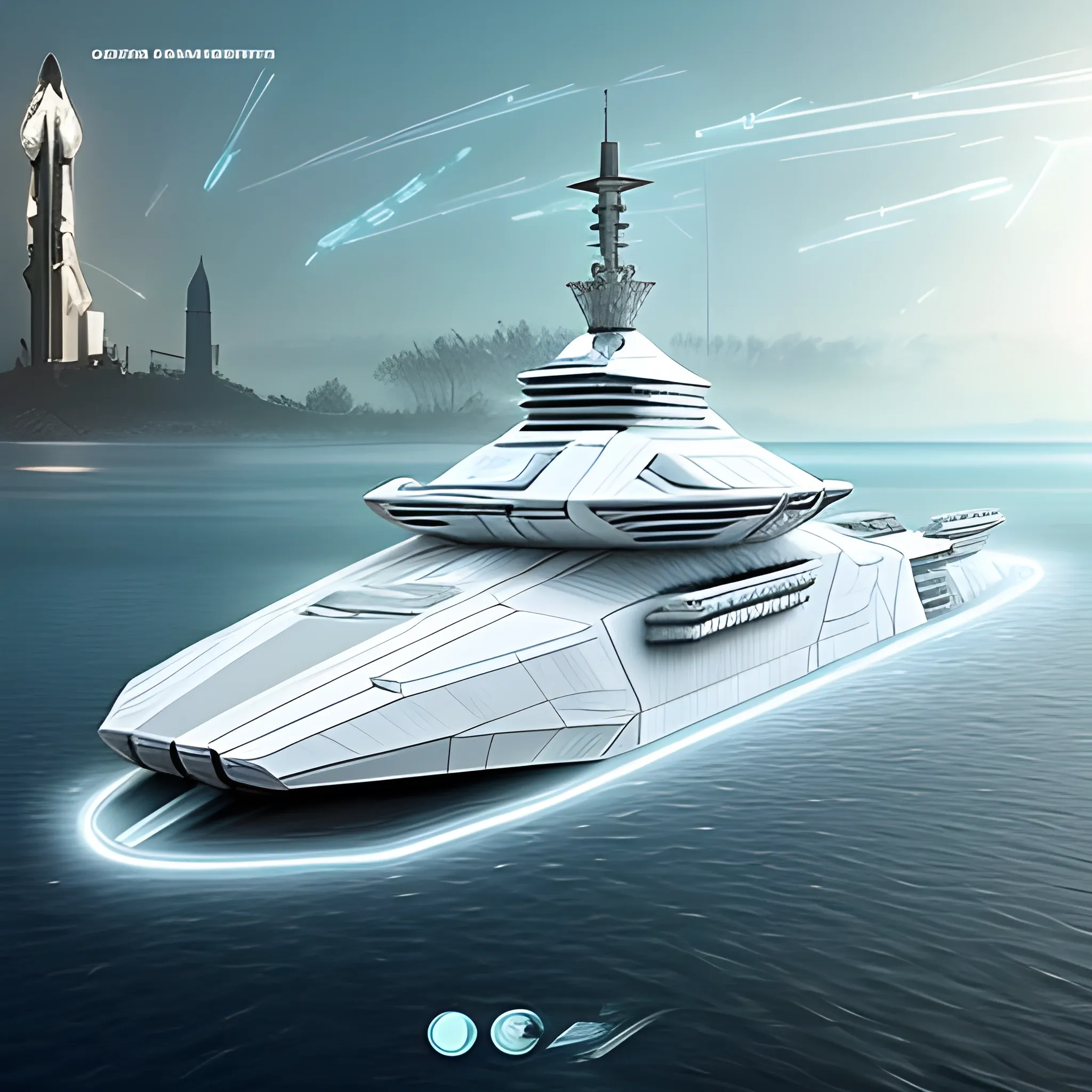 Futuristic hybrid giant tank sailing in large bodies of water, it is made of recycled materials, it is mostly white with lights on the edges, in addition to having large windows, the tank has a futuristic ship deck, of a figure that resembles a aircraft carrier