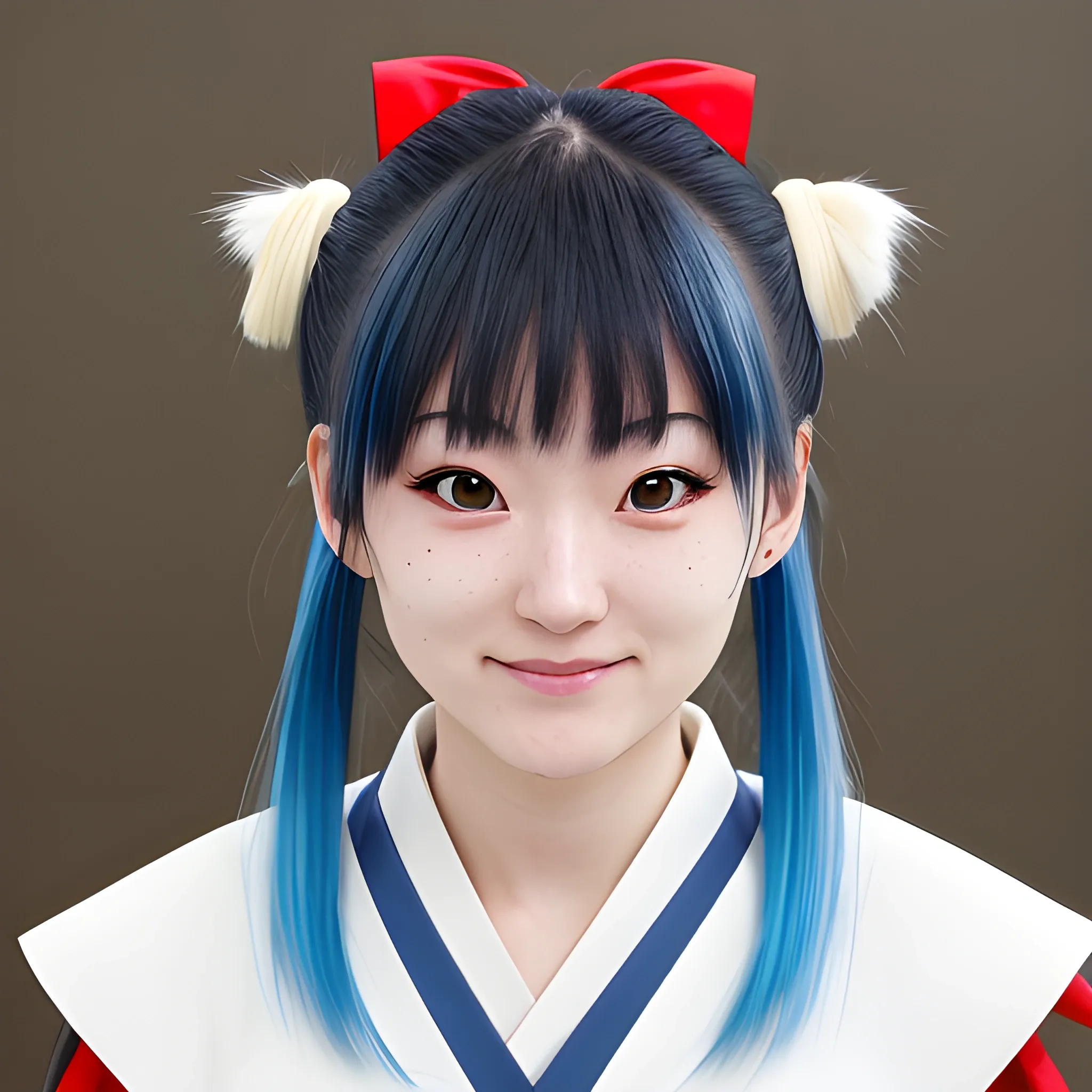 kamisato ayaka, official costume, ponytail, kote, kusazuri, blunt bangs, hair ribbon, red ribbon, japanese armor, blue eyes, light blue hair, mole under eye, smile, open mouth, looking at viewer, full body, hands behind head, close ups