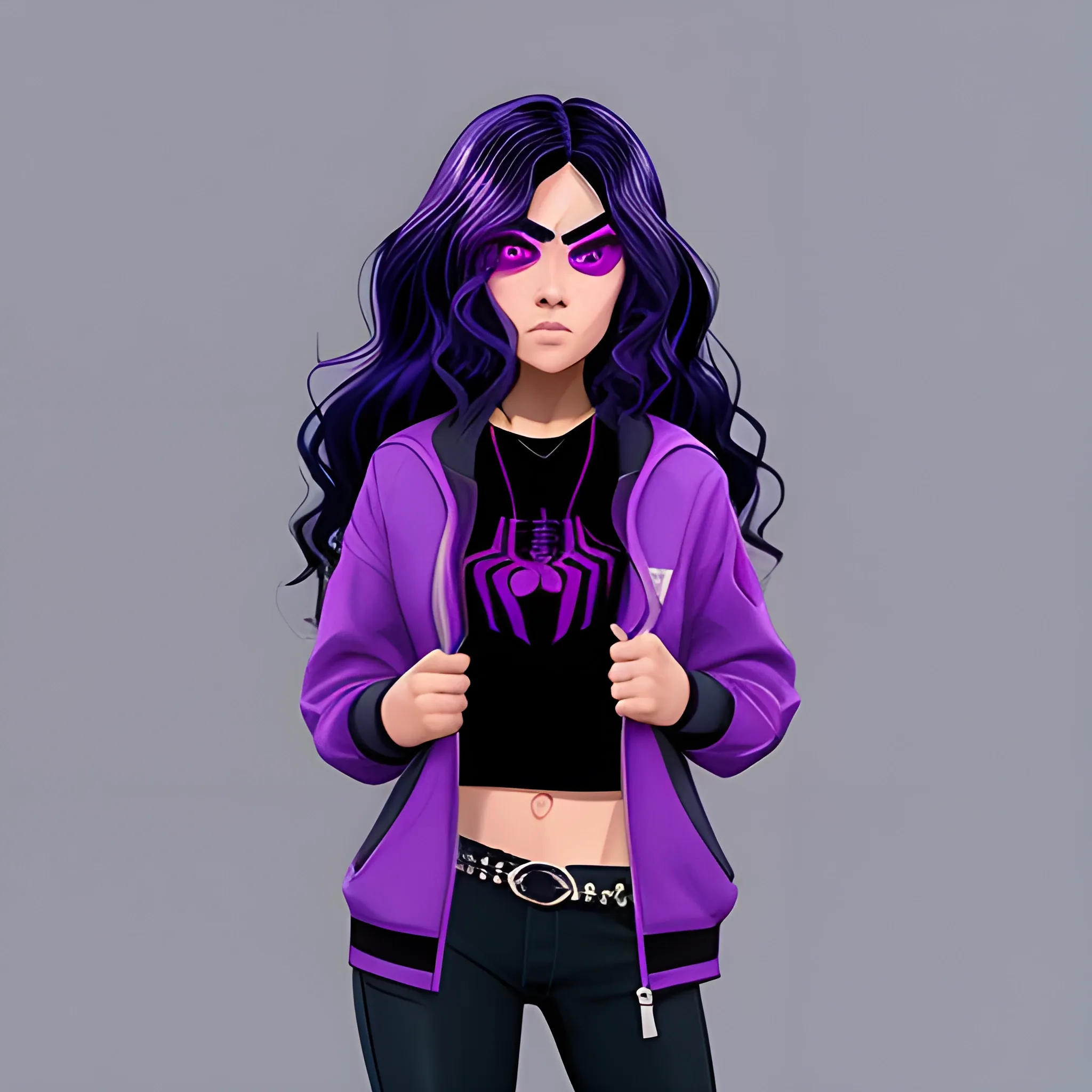 Mujer, cabello negro, ojos violetas, estilo spiderman the across the spider verse, ropa aesthetic 