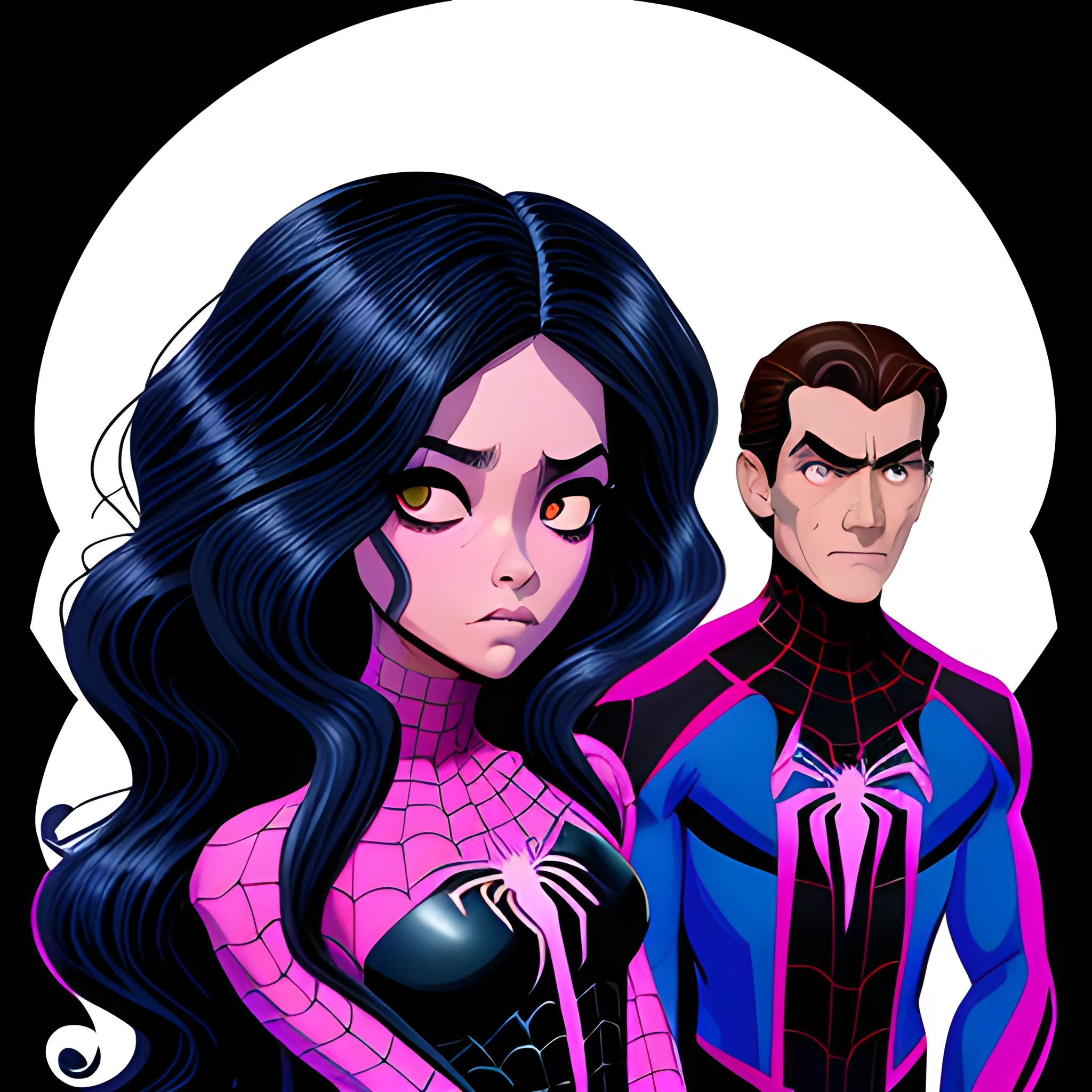 Mujer, cabello negro, ojos violetas, estilo spiderman the across the spider verse, época victoriana junto a Miguel O'hara.