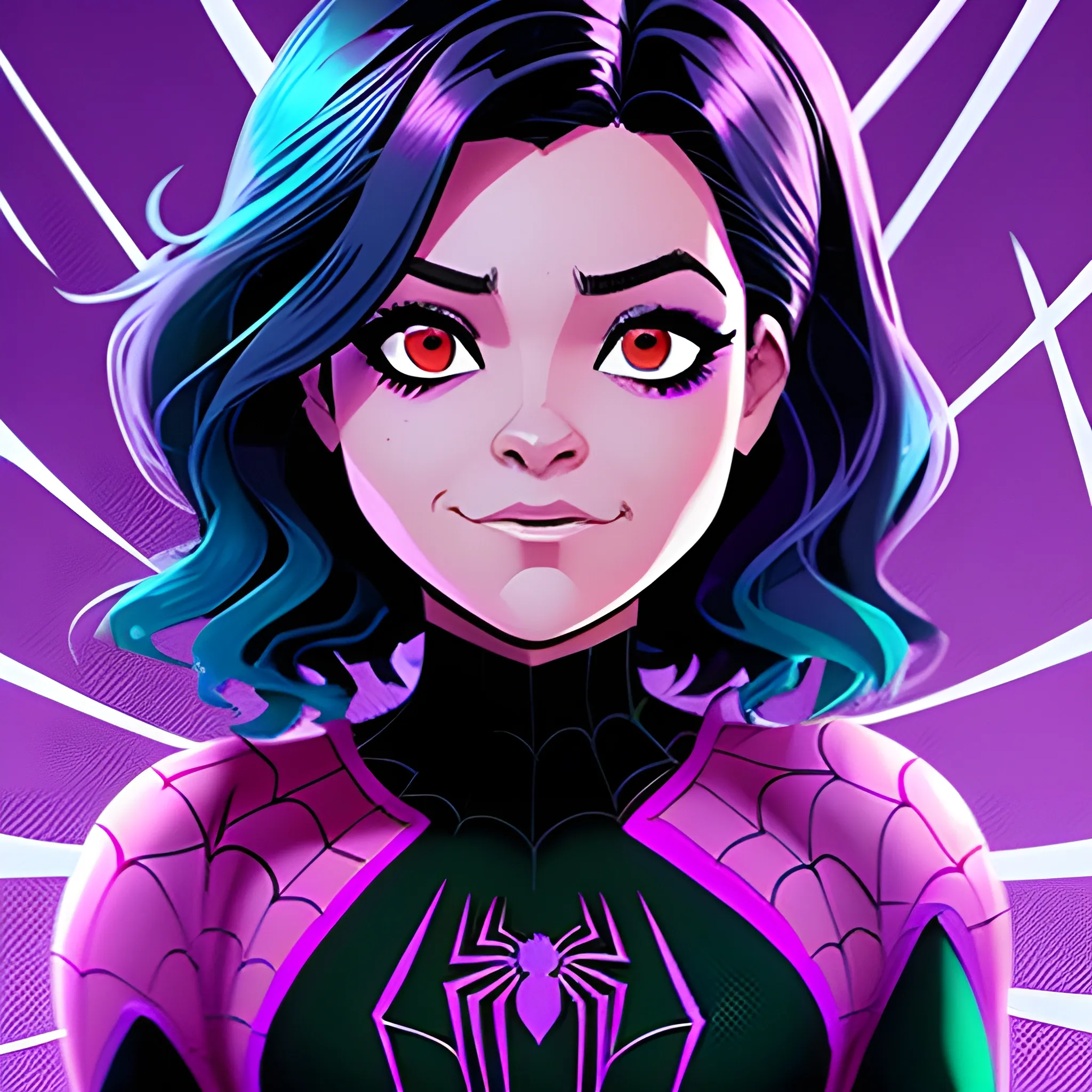 Mujer, cabello negro, ojos violetas, estilo spiderman the across the spider verse junto a Miguel O'hara 