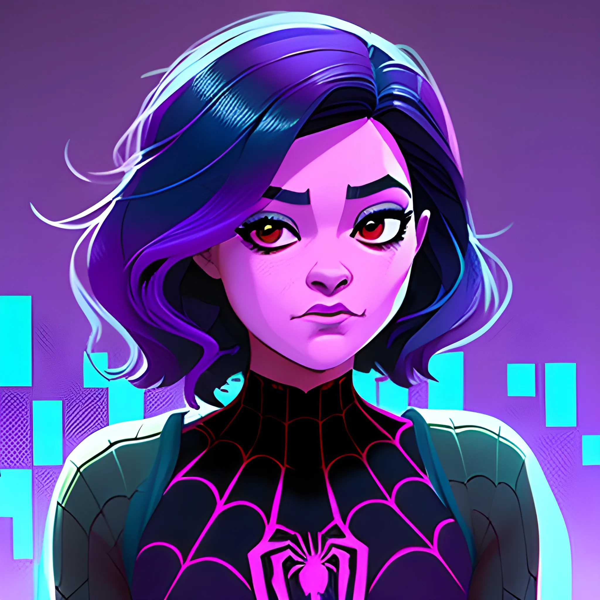 Mujer, cabello negro, ojos violetas, estilo spiderman the across the spider verse junto a Miguel O'hara 
