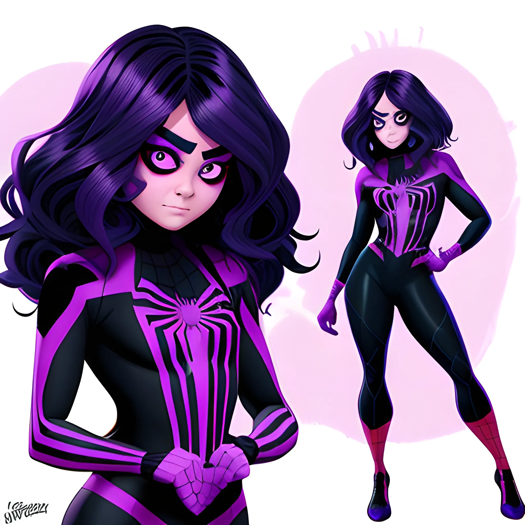 Mujer, ojos violetas, cabello oscuro, estilo spiderman across the spider verse junto a Miguel O'hara 