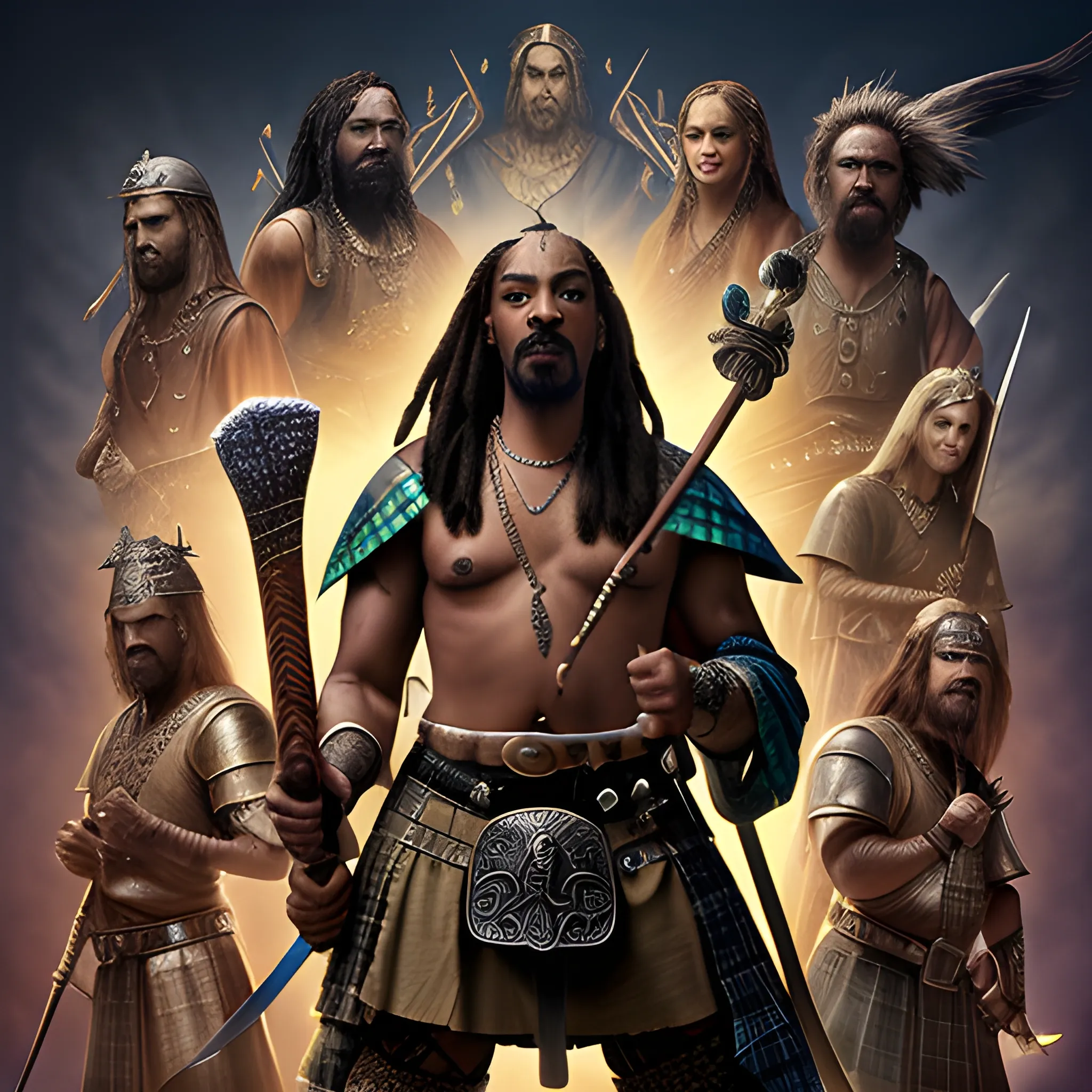 "Create a captivating fantasy depiction that combines the iconic presence of Braveheart with the unique essence of Snoop Dogg. Imagine a realm where epic battles and magical realms converge. Visualize Snoop Dogg transformed into a valiant warrior, adorned in the attire of a medieval hero like William Wallace from Braveheart. Envision him wielding a musical staff that emanates enchanting melodies, capable of both inspiring his allies and mesmerizing his foes. Surround him with a diverse group of fantastical companions, each representing a different aspect of his persona. Whether it's his signature cool demeanor, his love for music, or his fierce determination, let these elements seamlessly blend into this one-of-a-kind portrayal. Capture the essence of courage, charisma, and creativity in this mythical interpretation of Snoop Dogg as a Braveheart-inspired hero in a world of magic and valor."