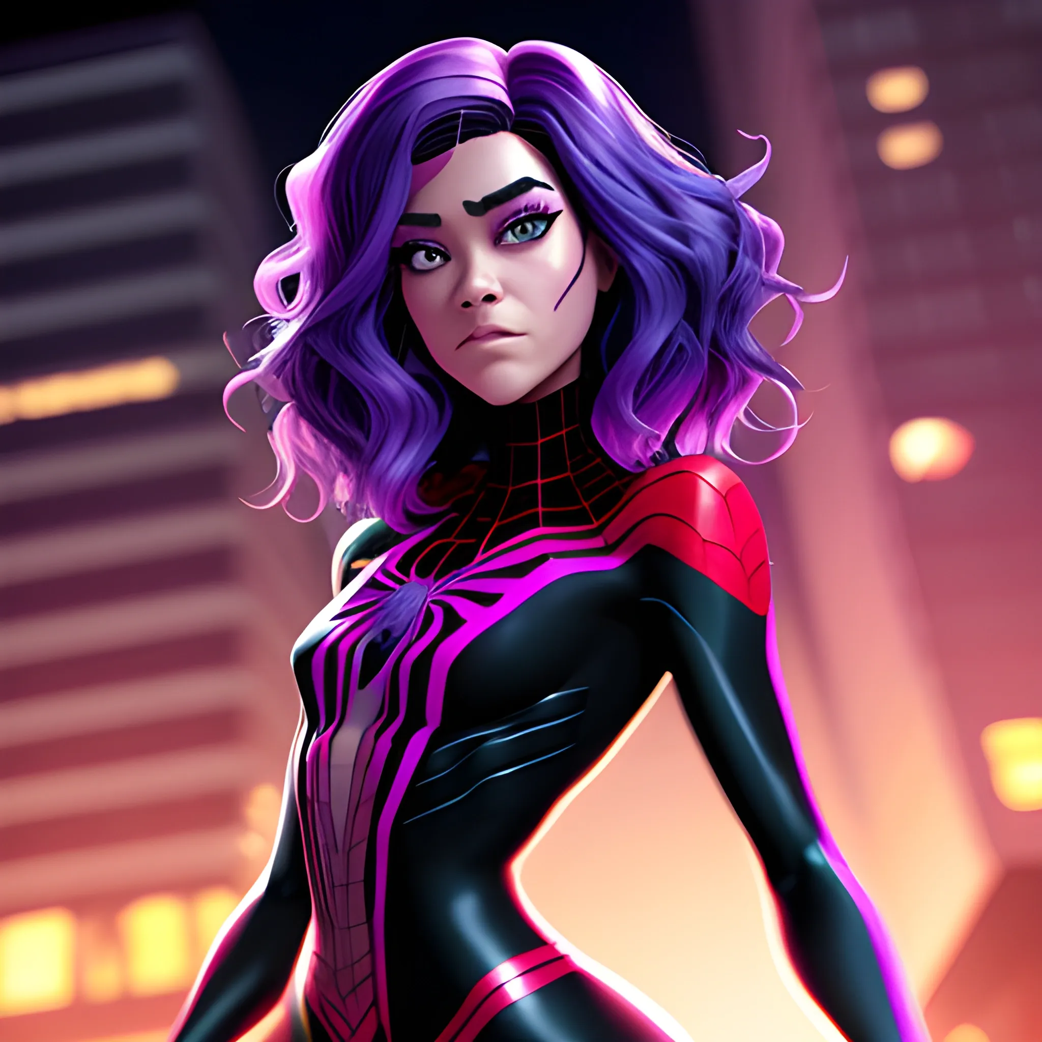 Mujer, ojos violetas, cabello oscuro, bonita, estilo spiderman across the spider verse junto a spiderman 2099