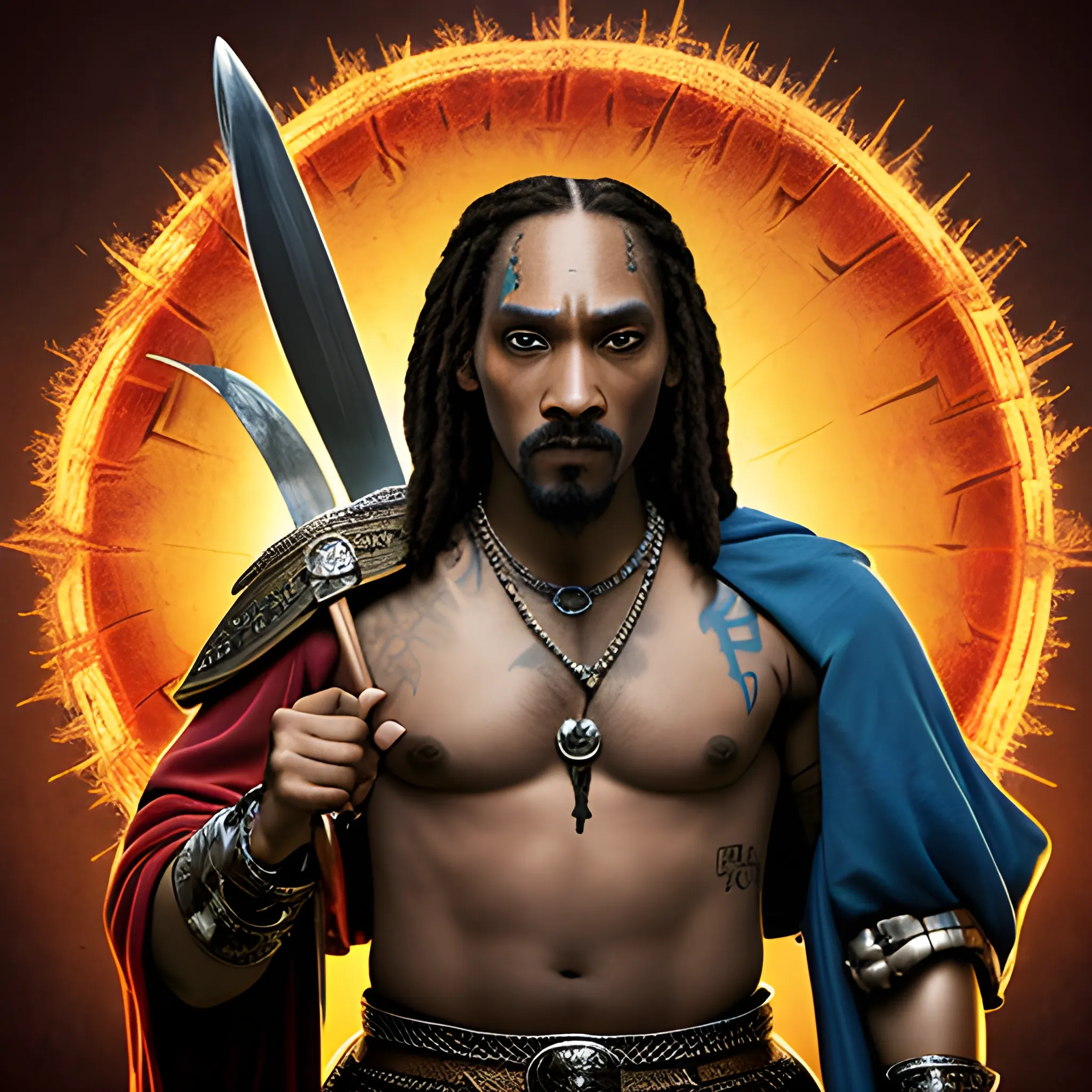 "Create a captivating fantasy depiction that combines the iconic presence of Braveheart with the unique essence of Snoop Dogg. Imagine a realm where epic battles and magical realms converge. Visualize Snoop Dogg transformed into a valiant warrior, adorned in the attire of a medieval hero like William Wallace from Braveheart. Whether it's his signature cool demeanor, his love for music, or his fierce determination, let these elements seamlessly blend into this one-of-a-kind portrayal. Capture the essence of courage, charisma, and creativity in this mythical interpretation of Snoop Dogg as a Braveheart-inspired hero.