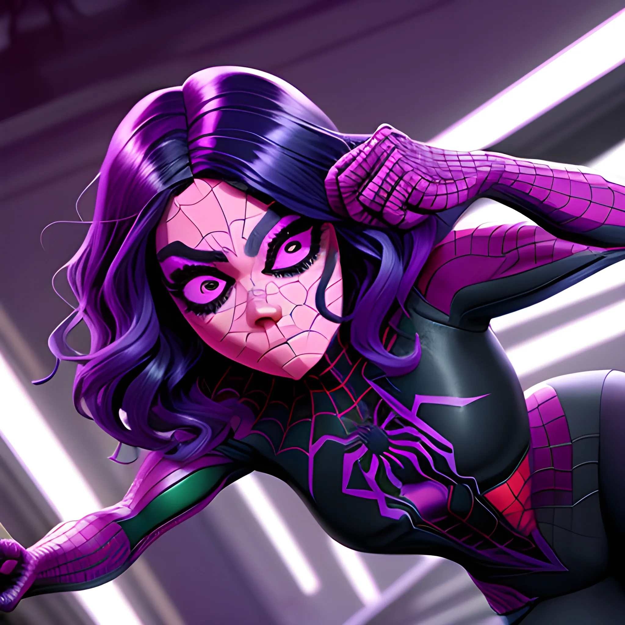 Mujer, ojos violetas, cabello oscuro, piel pálida, bonita, rasgos finos, estilo spiderman across the spider verse junto a Miguel O'hara
