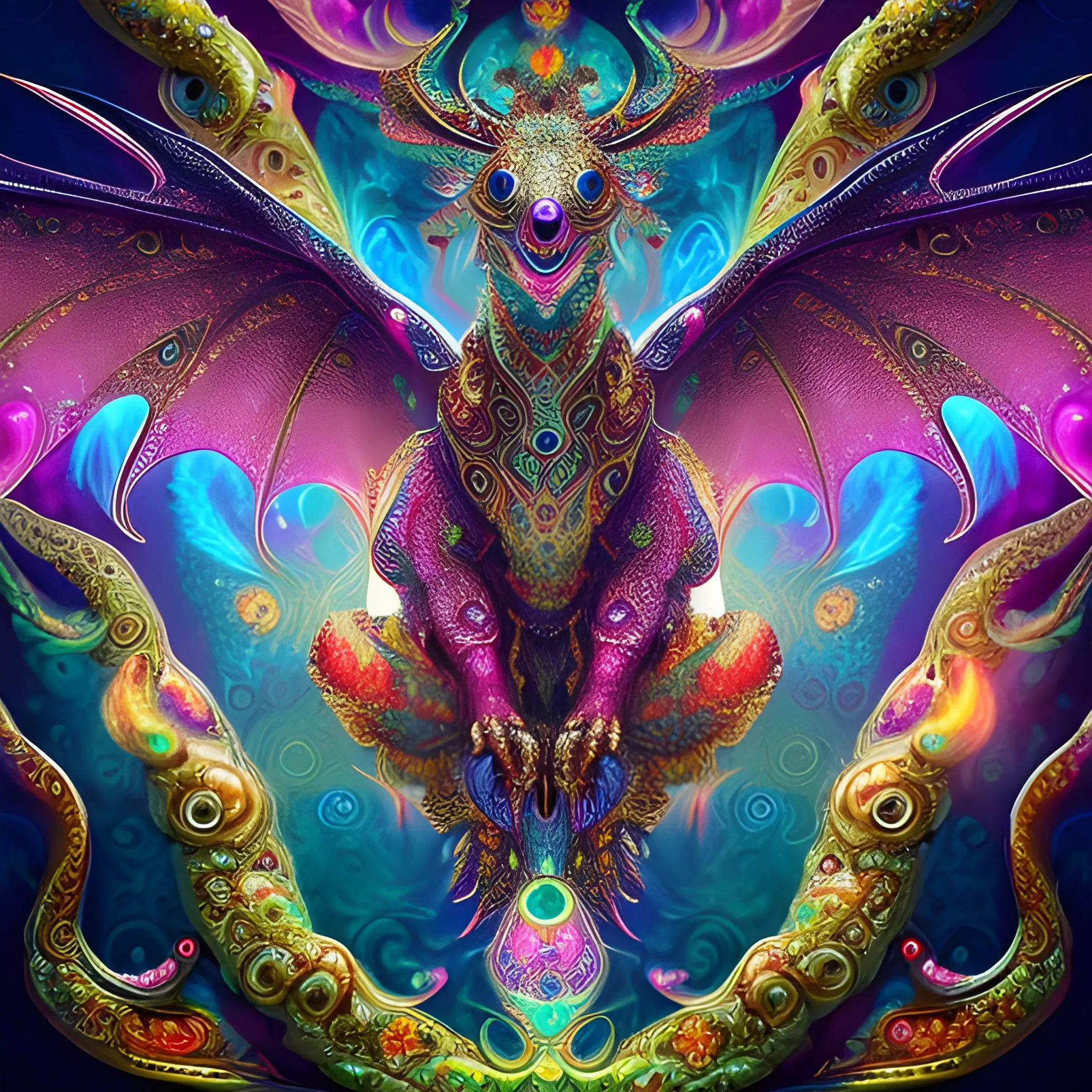 dragon bear, fire psychedelic, cute eyes, dragon wings, bear claws, peacock feathers, filigree laser fractal details, glistening shiny scales, intricate ornate hypermaximalist sharp focus, dramatic lighting, highly detailed and intricate, hyper maximalist, ornate, photographic style, luxury, elite, haunting painting, cinematic