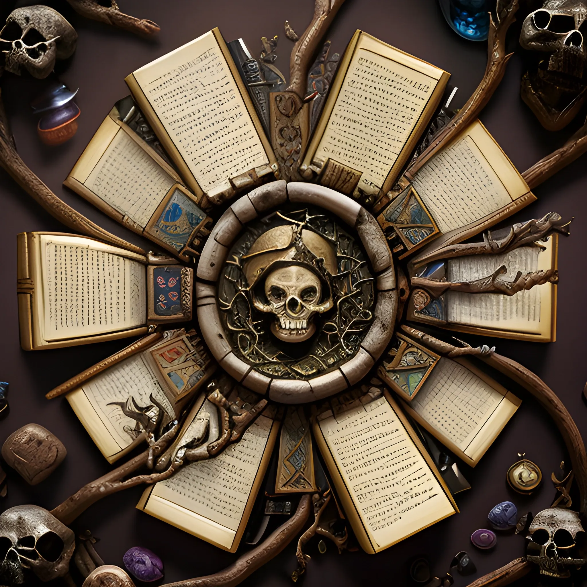 a miniature of a magical book, made from human skin and branches, detailed talisman stone in the center, through a detailed magical place, detailed skulls and potions around, no draft, no blur, high per detailed, ultra high definition, 4K resolution, Oil Painting